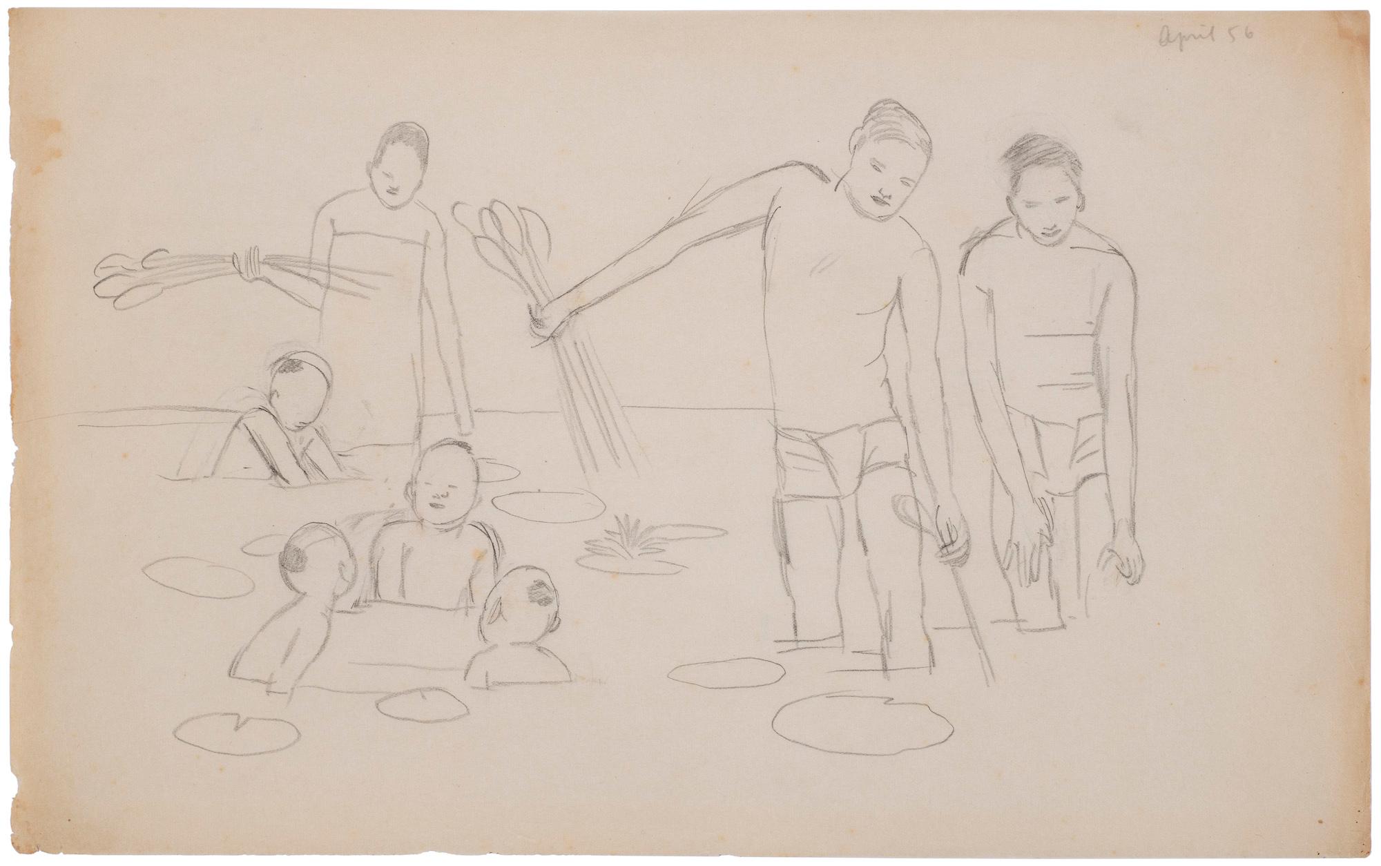 Pencil drawing of people wading in a canal