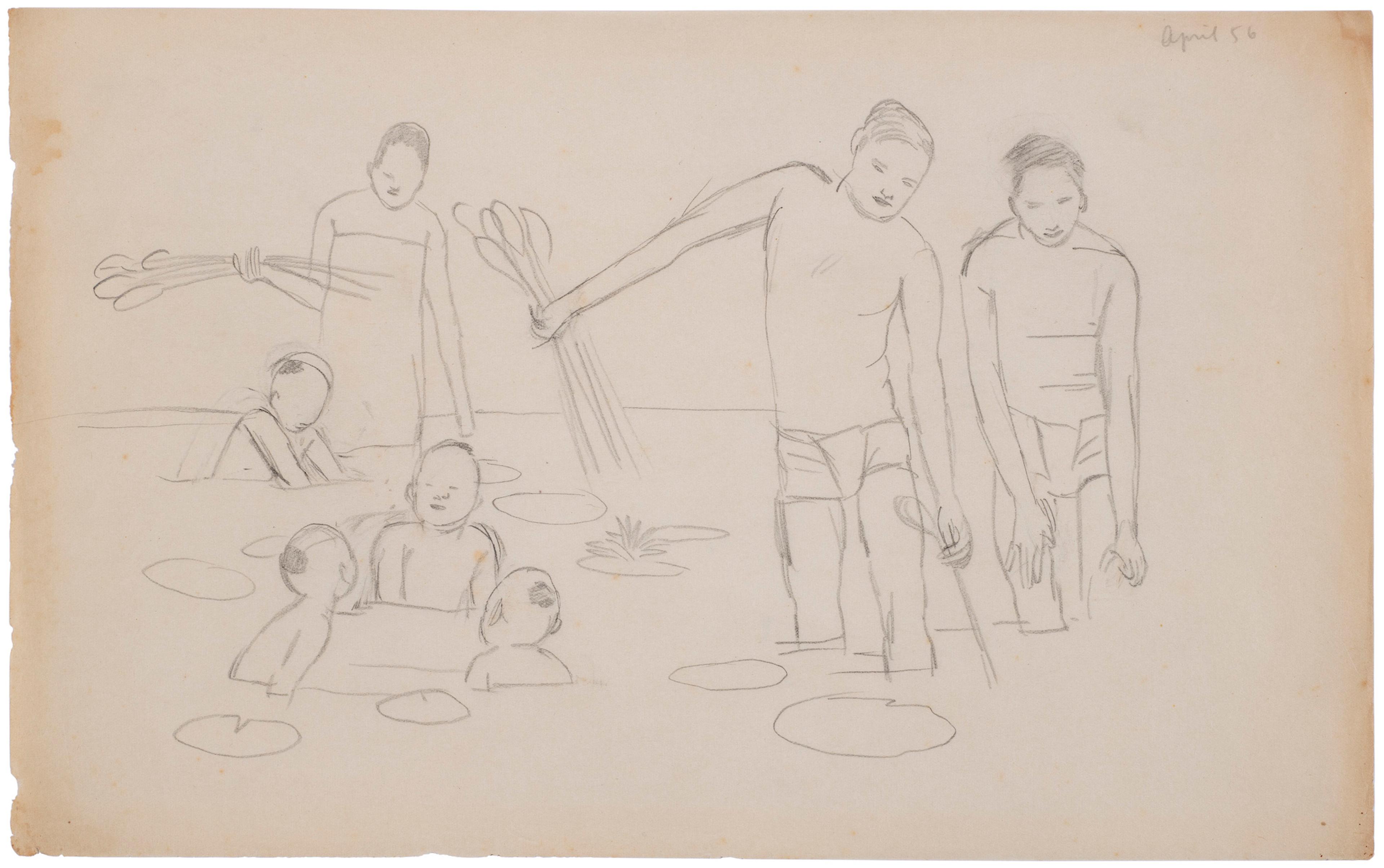 Pencil drawing of people wading in a canal