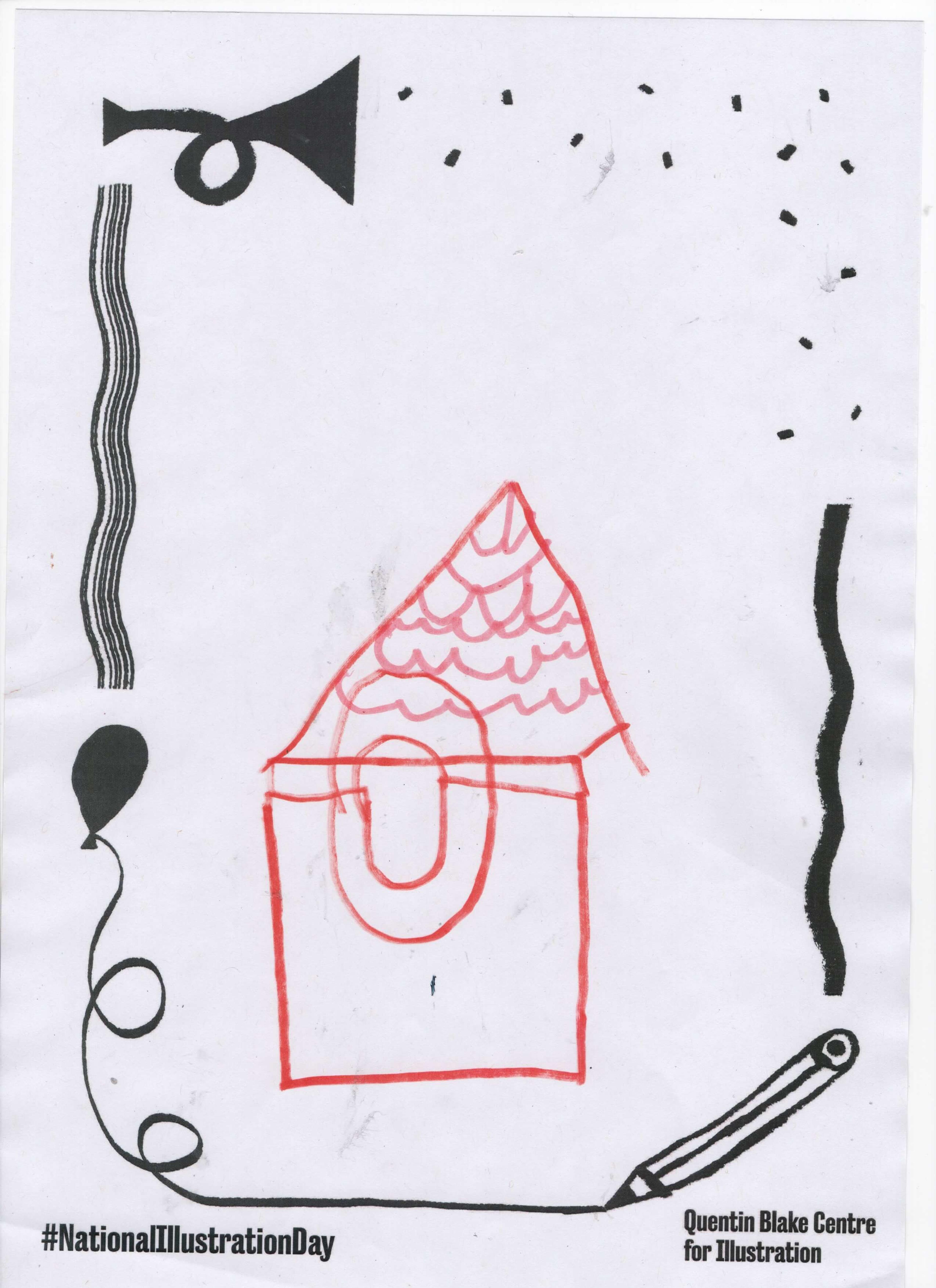 An outline drawing of a simple house, drawn using red pencil.