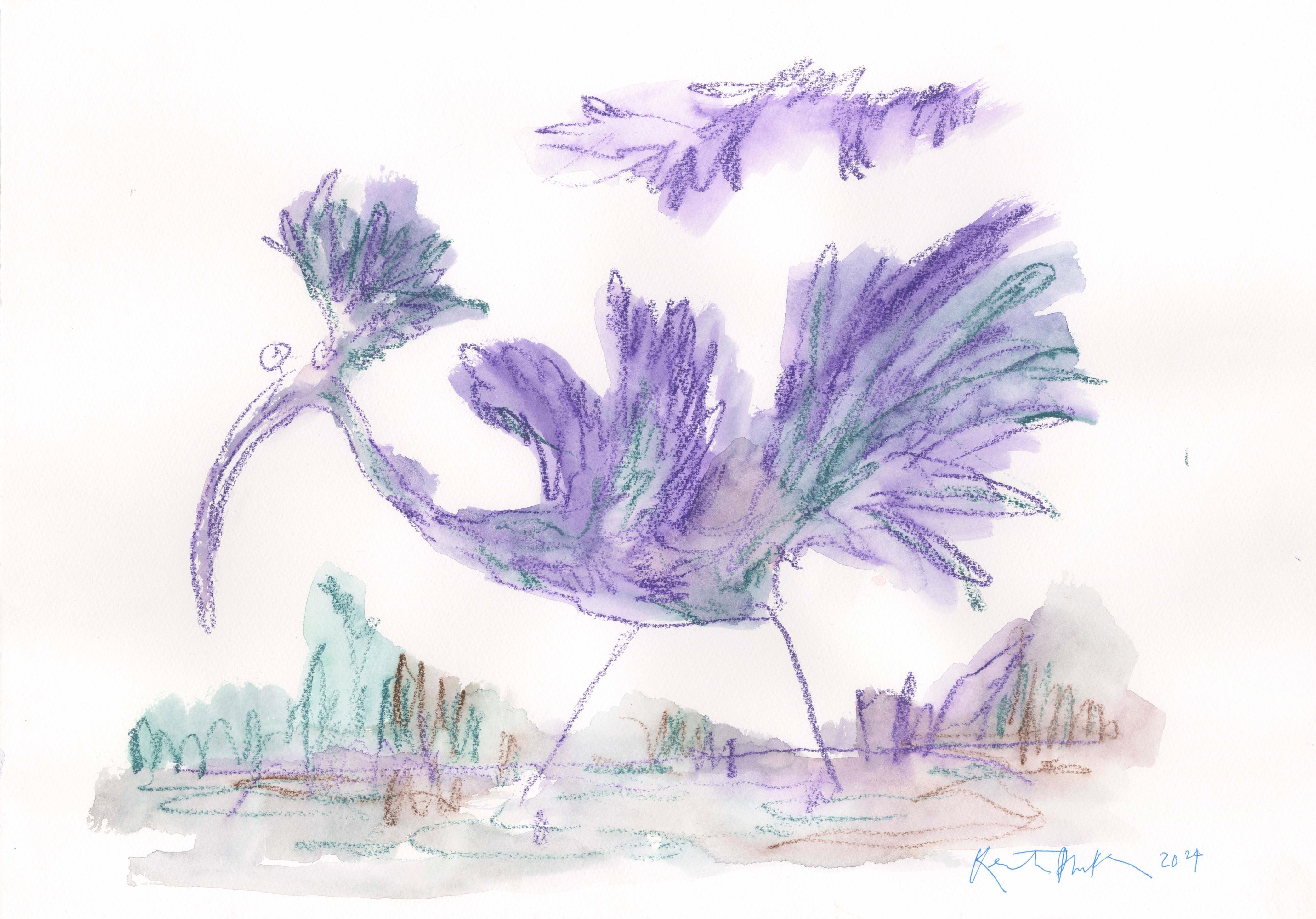 Illustration of a wading bird with purple and green feathers stood in water