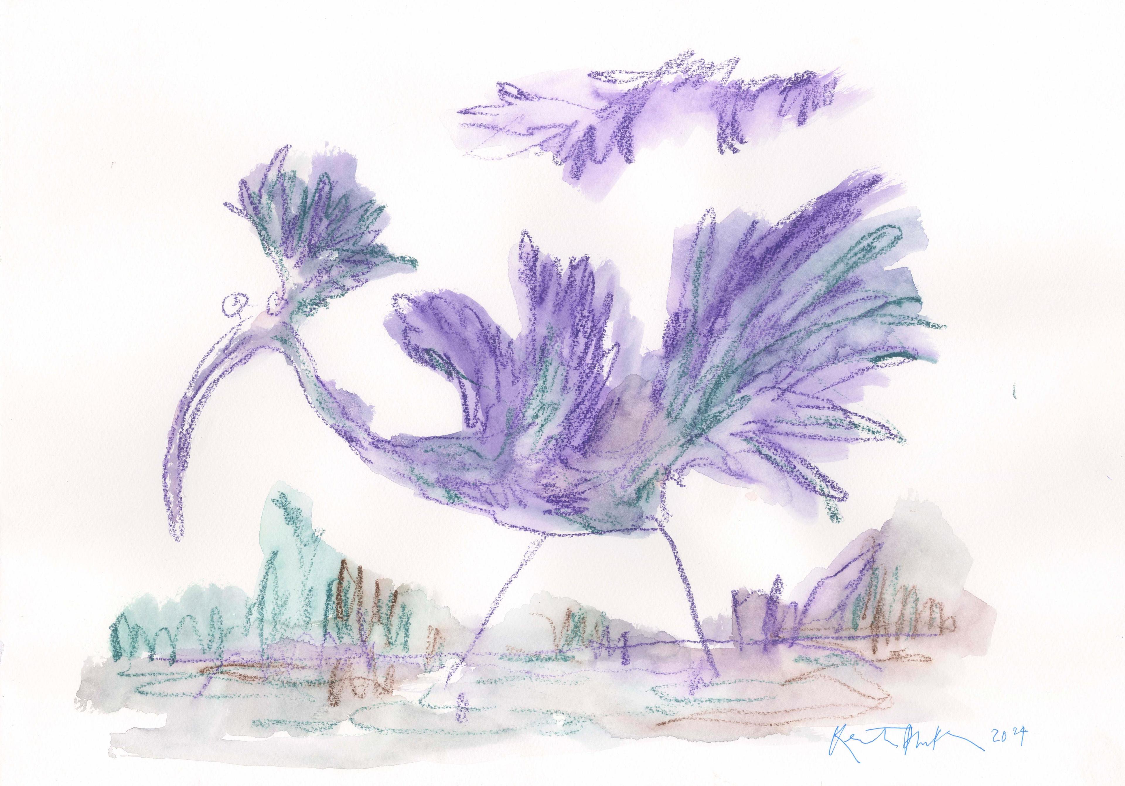 Illustration of a wading bird with purple and green feathers stood in water 