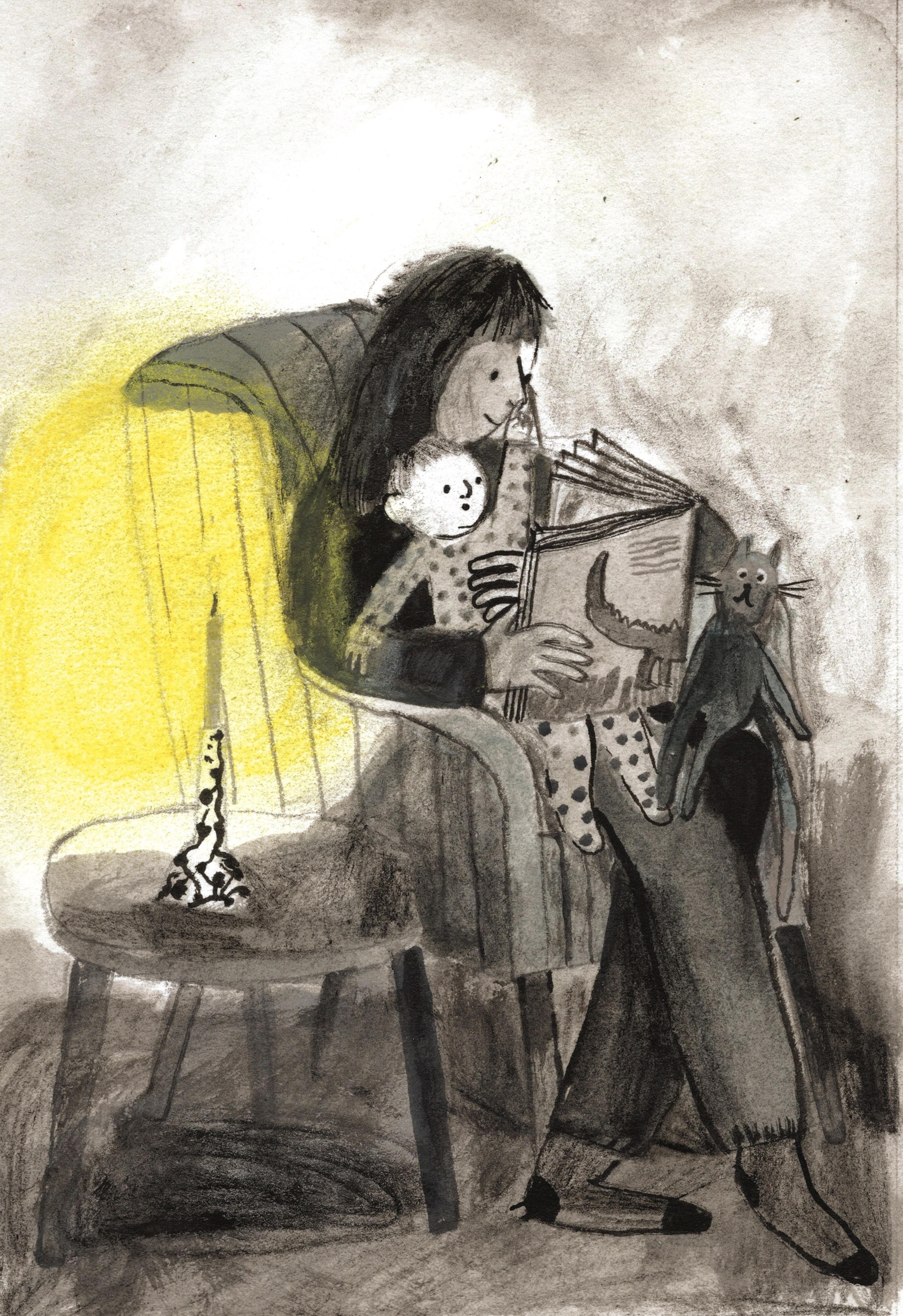 Illustration of a mother and child reading a book by candlelight