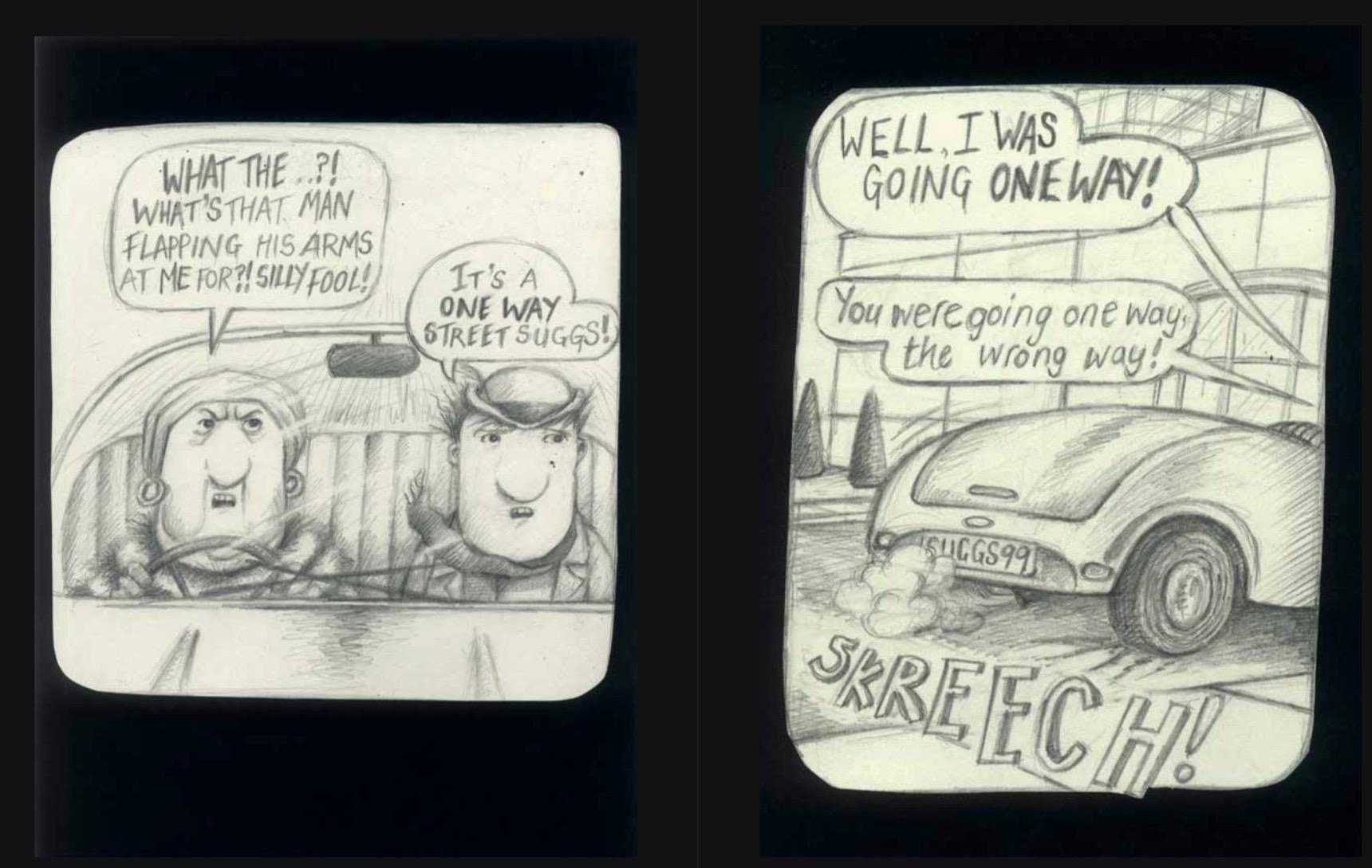 Illustration from graphic novel page of two figures driving in a car.