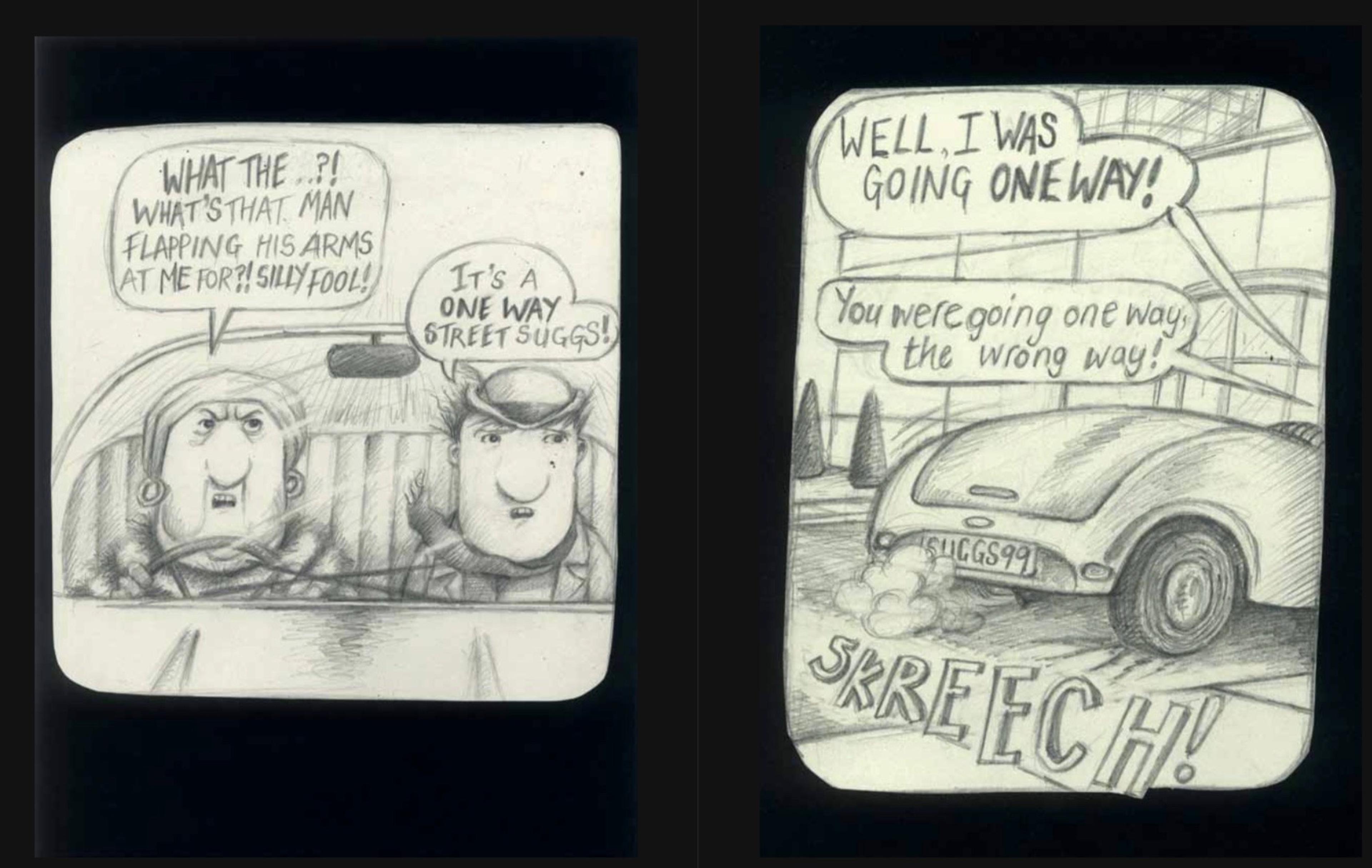 Illustration from graphic novel page of two figures driving in a car.