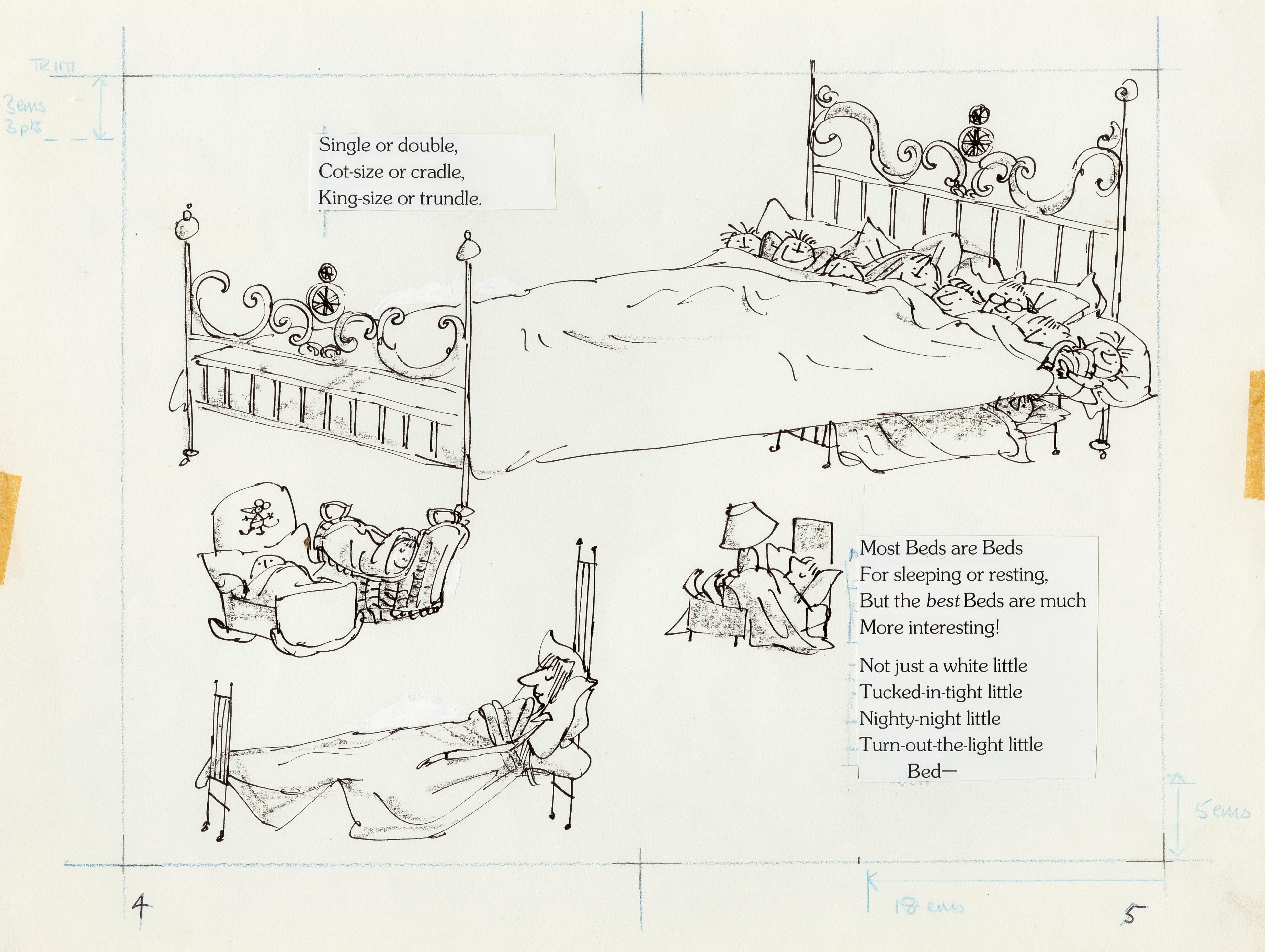 Line drawings of eight people ticked into a large bed with another bed beneath, one person asleep in a long bed and one in a short bed.
