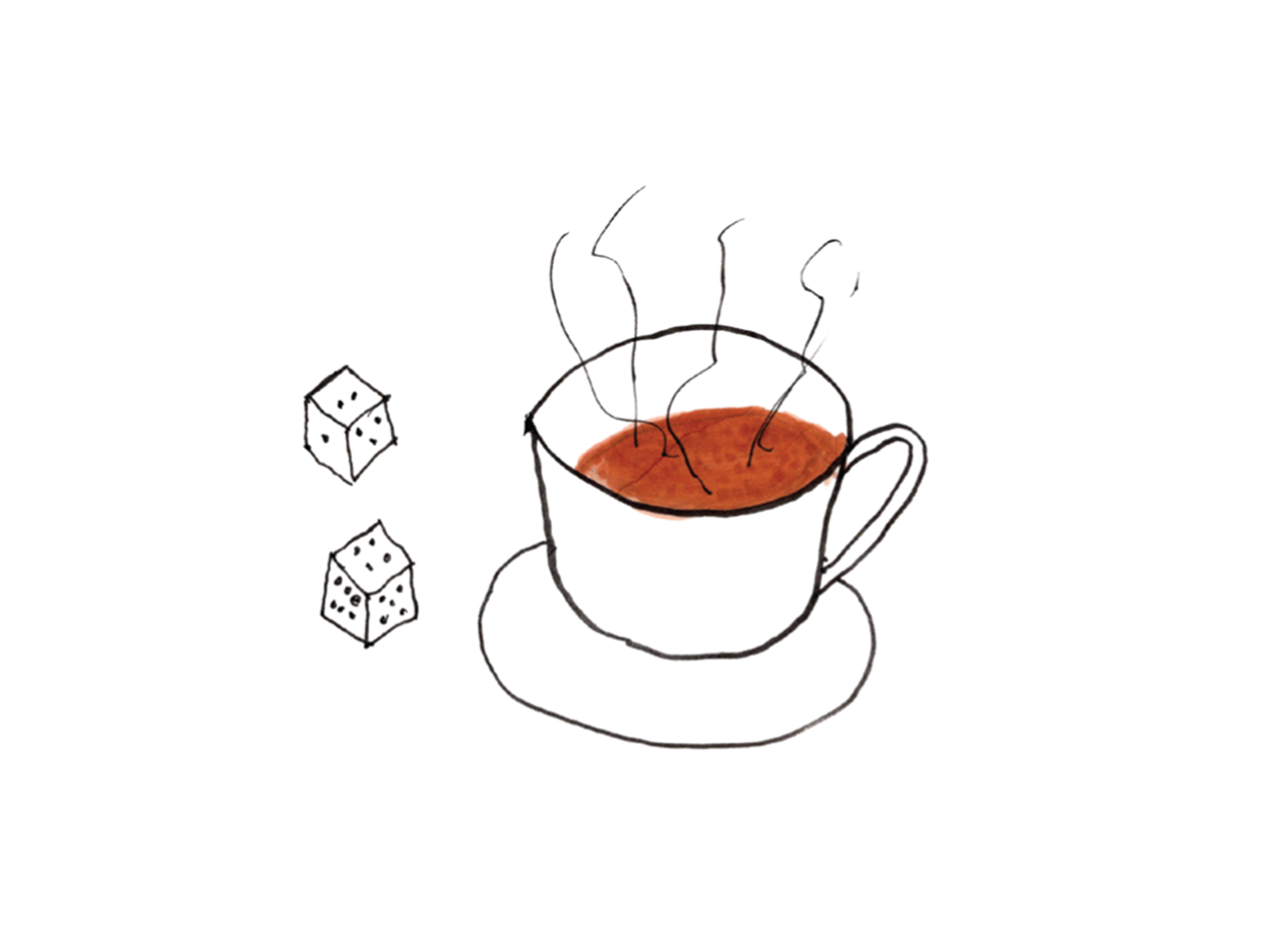 Drawing of a cup and saucer with tea with steam lines coming off it, and two dice