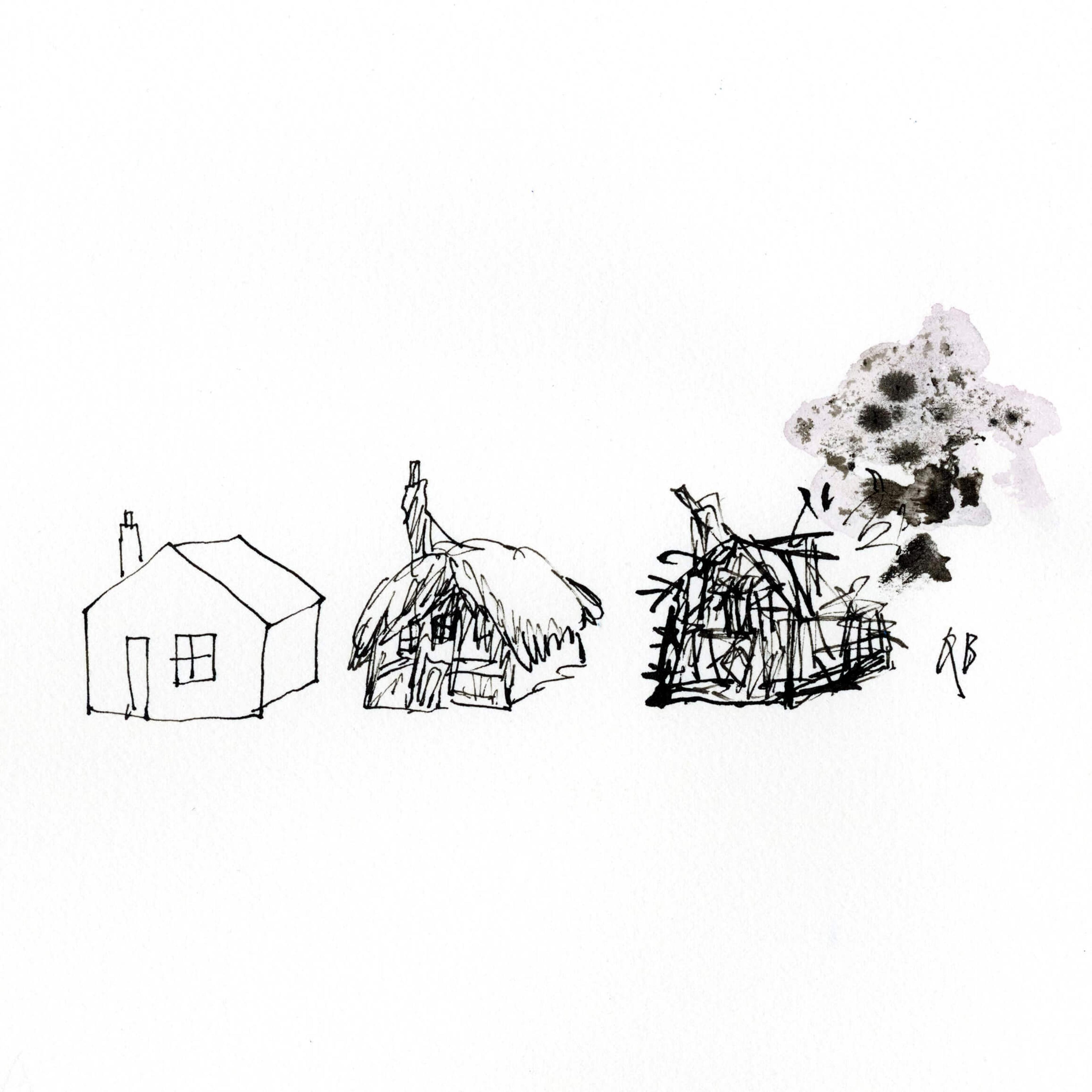 A Quentin Blake illustration featuring three houses drawn using ink