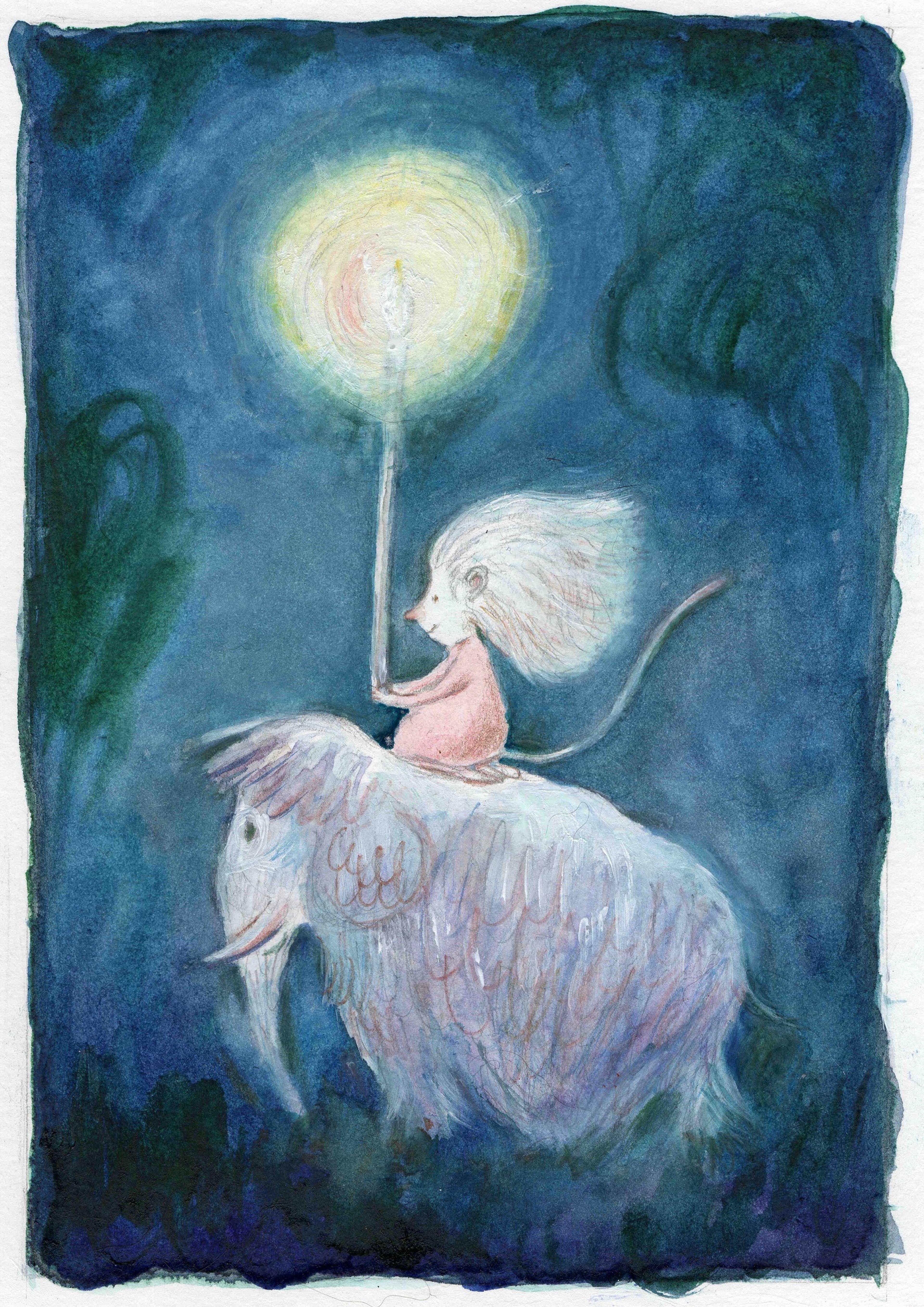 Illustration of a mouse carrying a candle and riding a woolly mammoth
