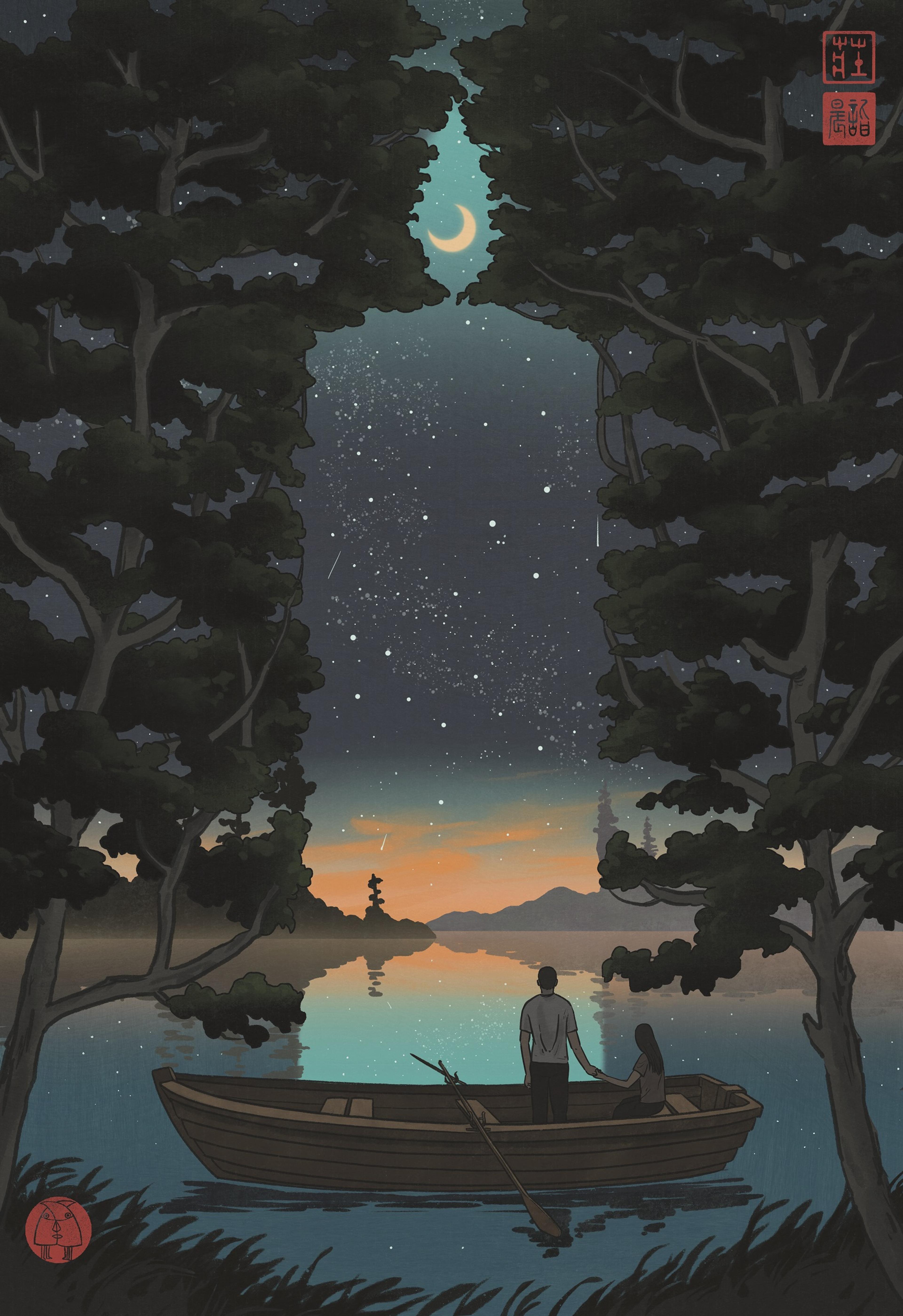 Illustration of two people in a boat in the moonlight framed by trees in a candle shape