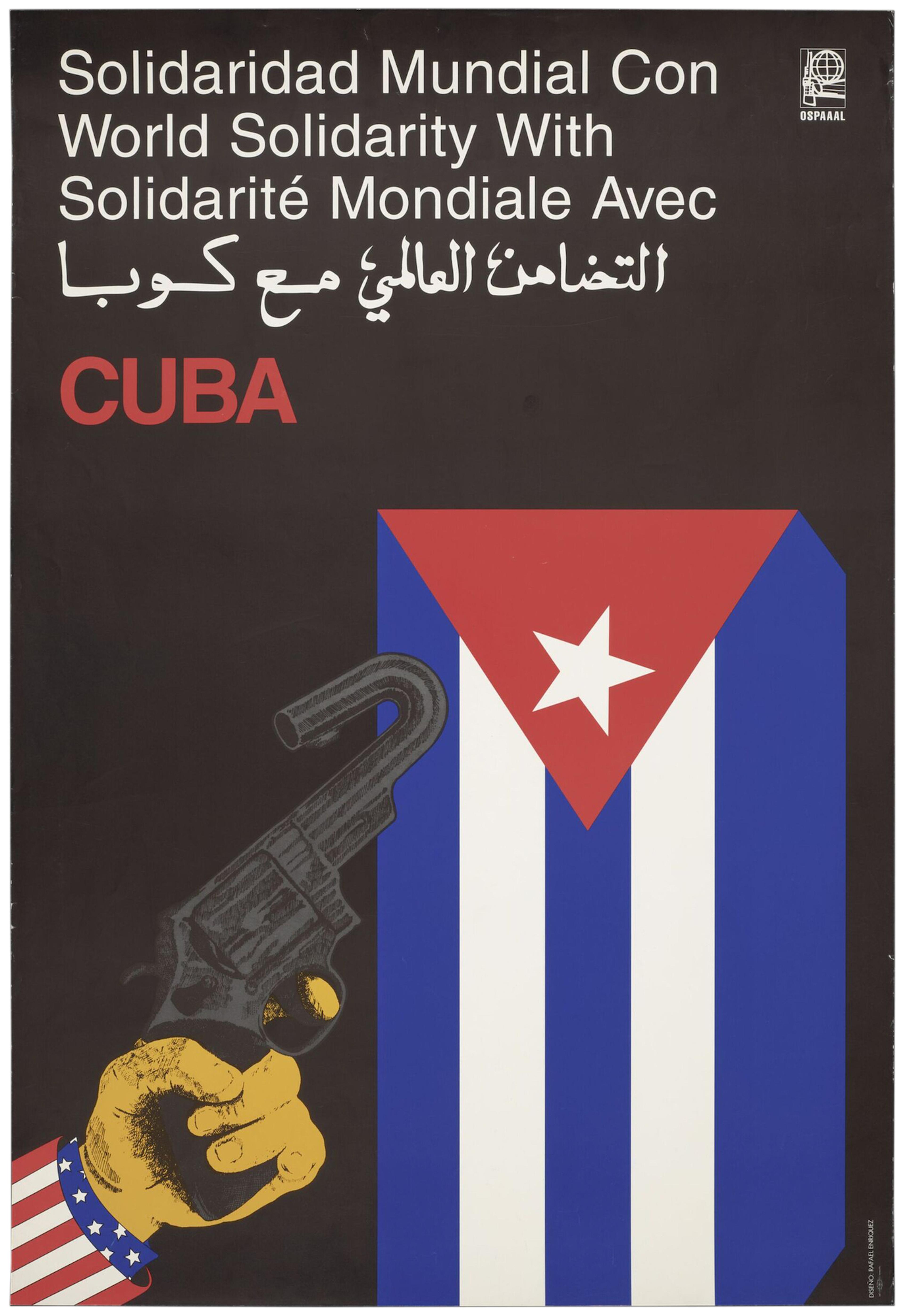 Offset lithograph poster depicting a hand with a stars and stripes cuff, holding a gun with the barrel bent back to point at the shooter. In front of the gun is a Cuban flag. Lettered in white in Spanish, French, English and Arabic.