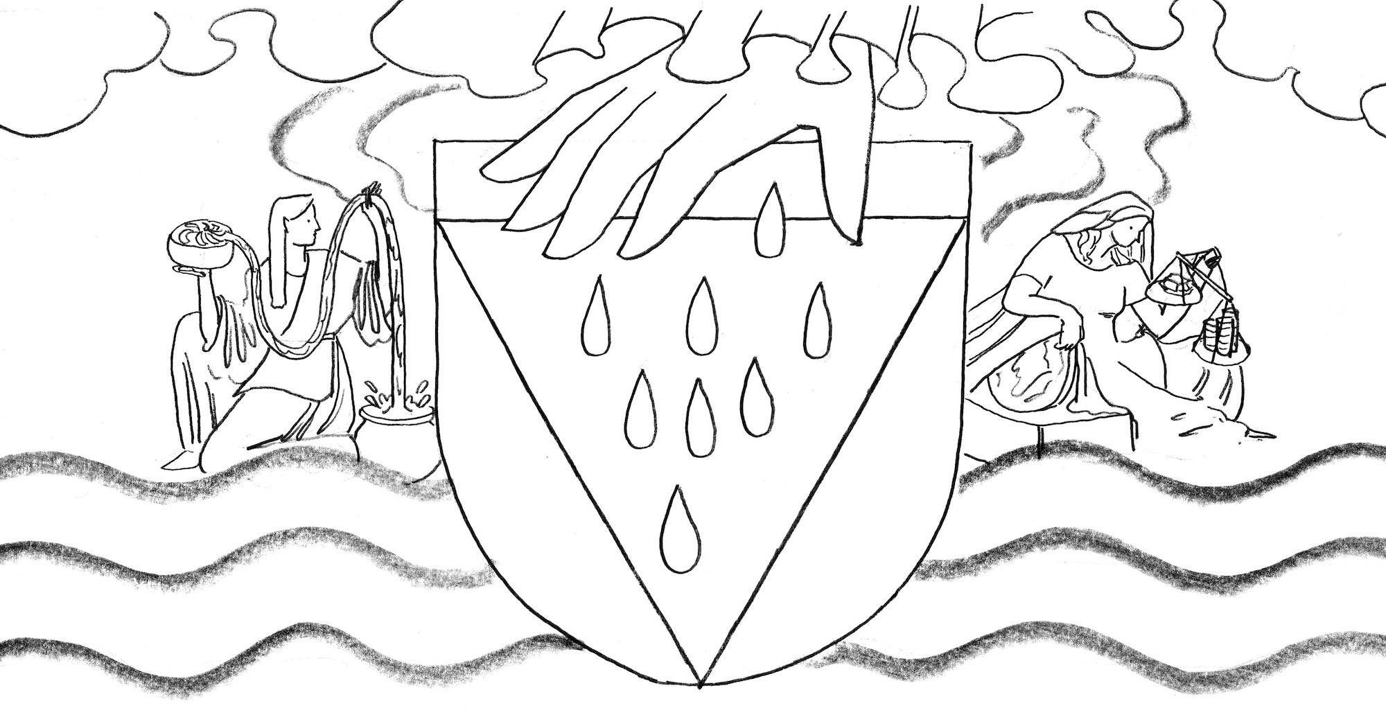 Line drawing of a crest showing a large hand sprinkling drops of water. A person on one side holds a coil of fabric and a woman on the right holds scales holding weights and coins