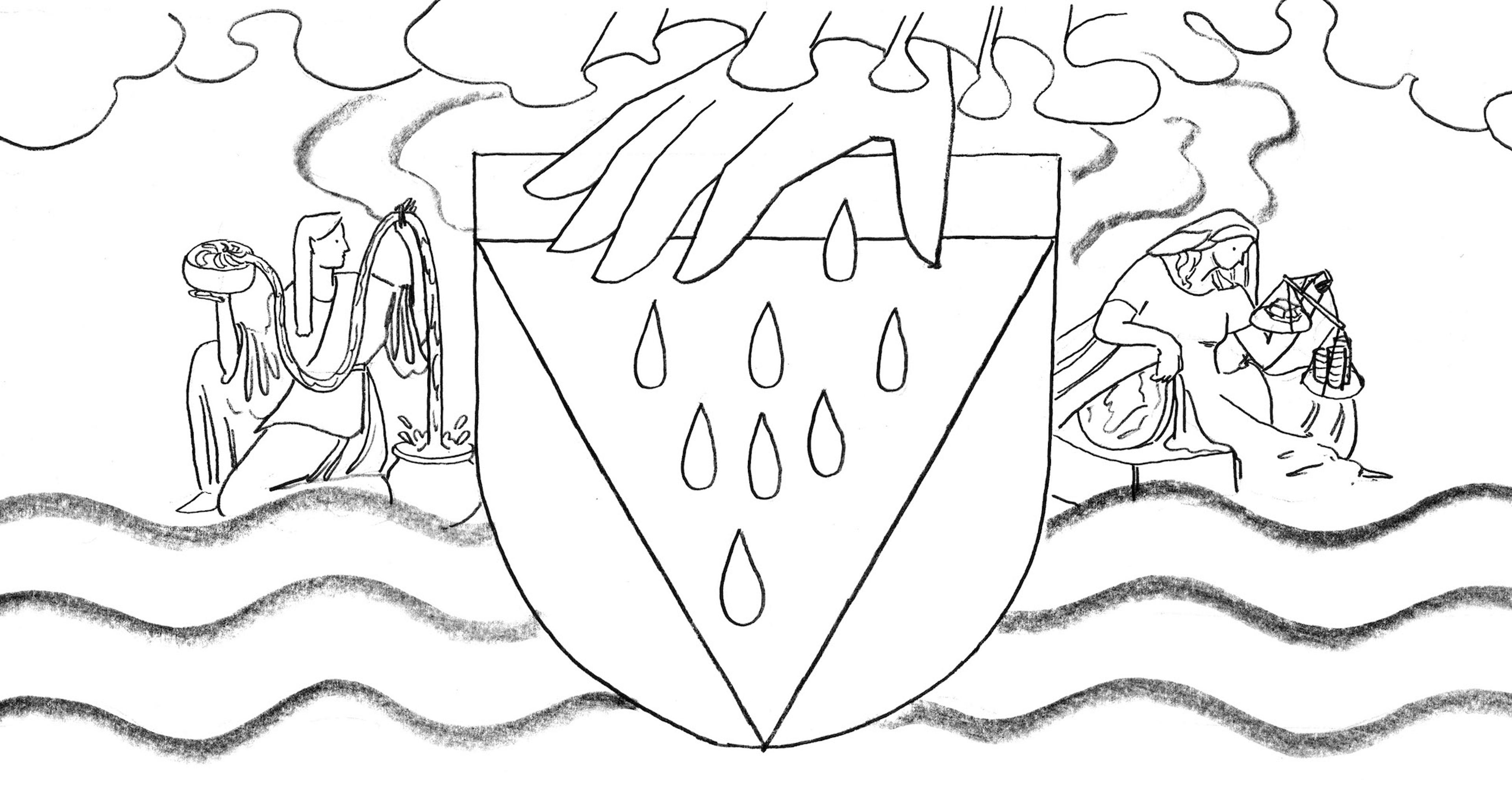 Line drawing of a crest showing a large hand sprinkling drops of water. A person on one side holds a coil of fabric and a woman on the right holds scales holding weights and coins