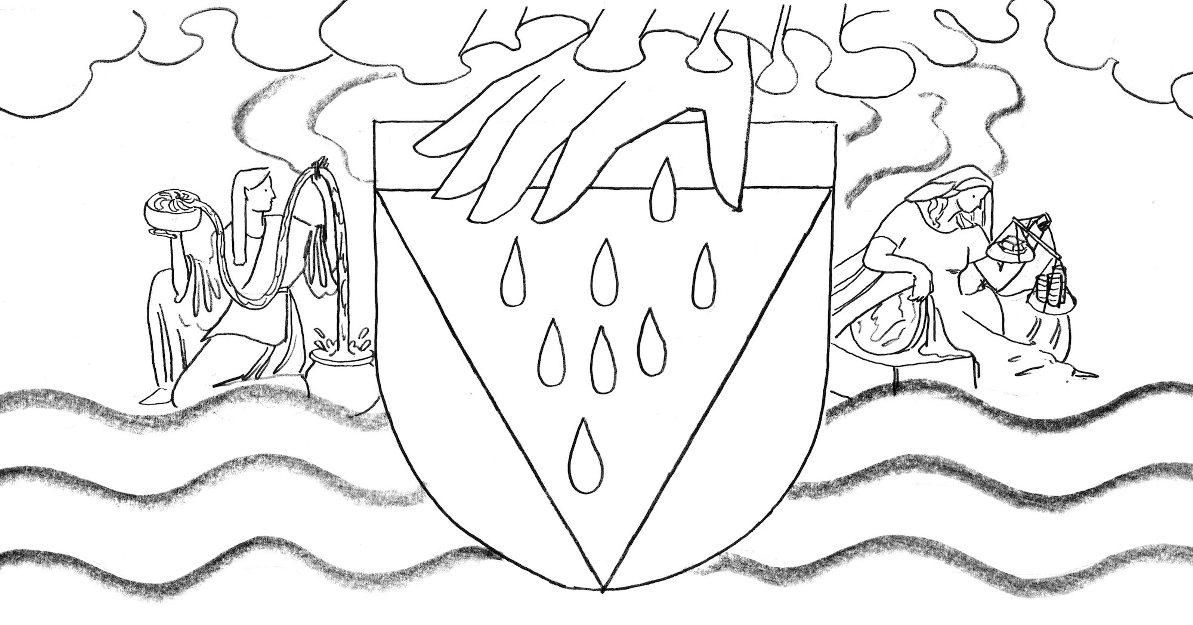 Line drawing of a crest showing a large hand sprinkling drops of water. A person on one side holds a coil of fabric and a woman on the right holds scales holding weights and coins