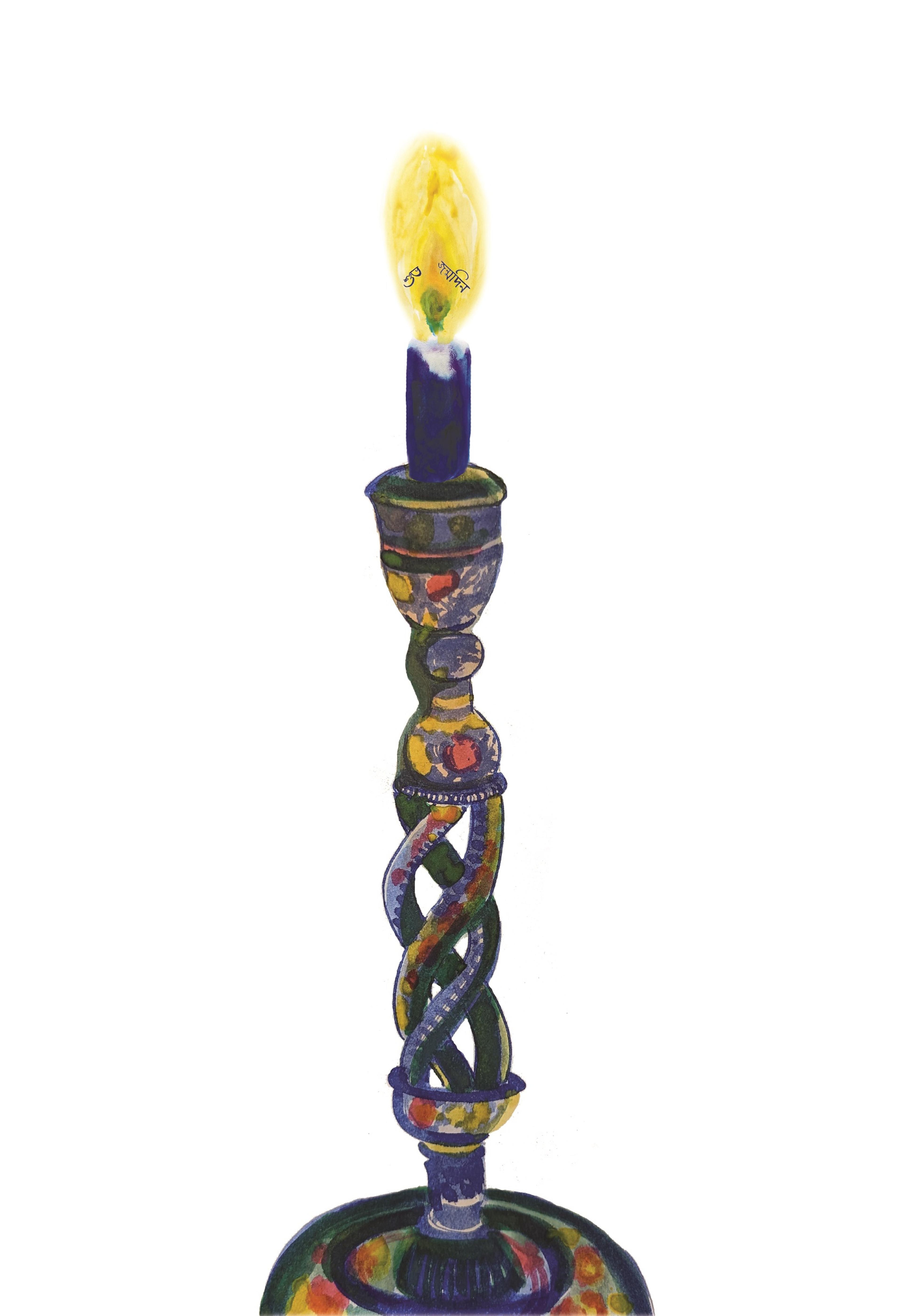 Illustration of a candlestick holding a lit candle with hand-written Bengali type
