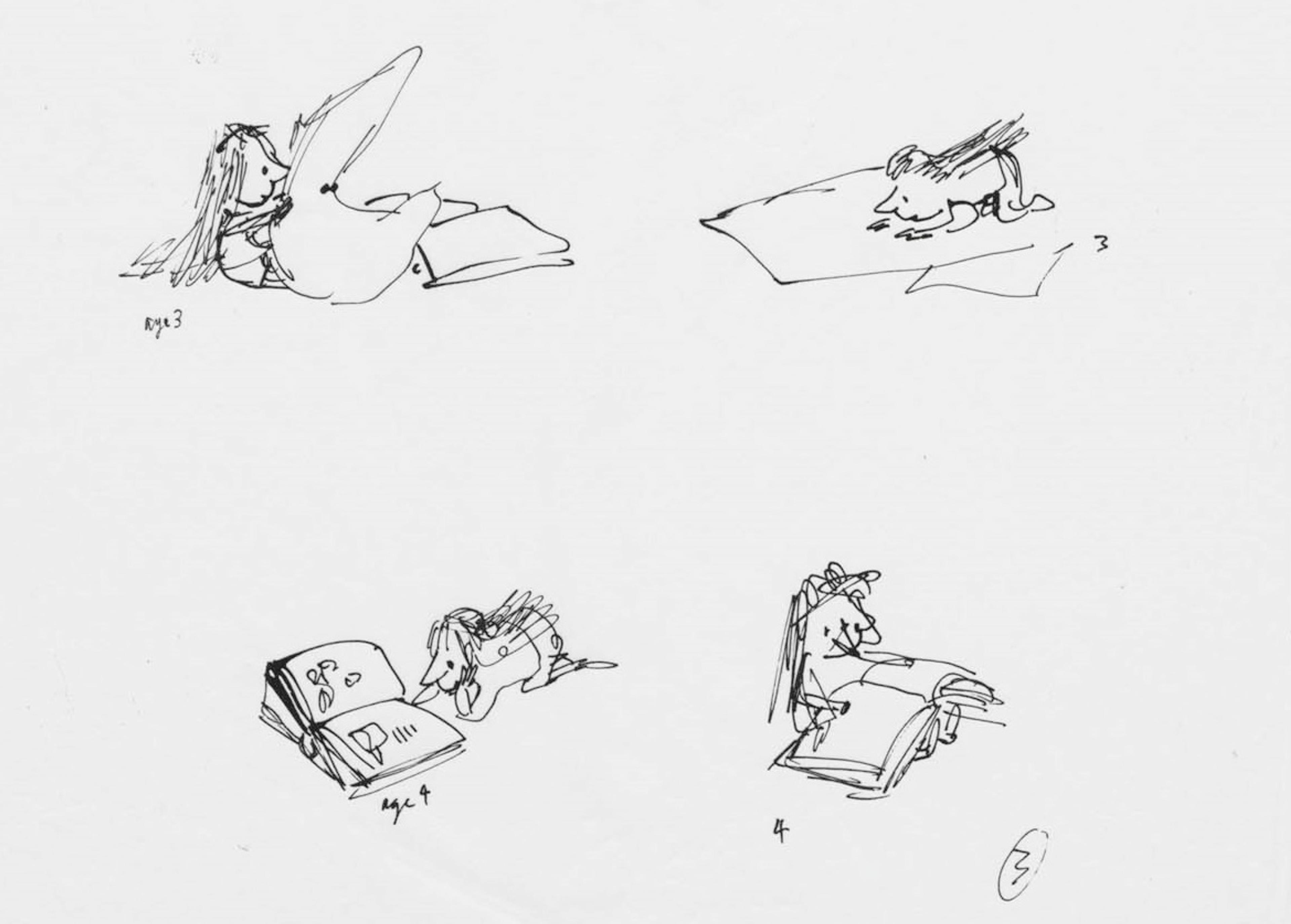 Four sketches of Matilda reading 
