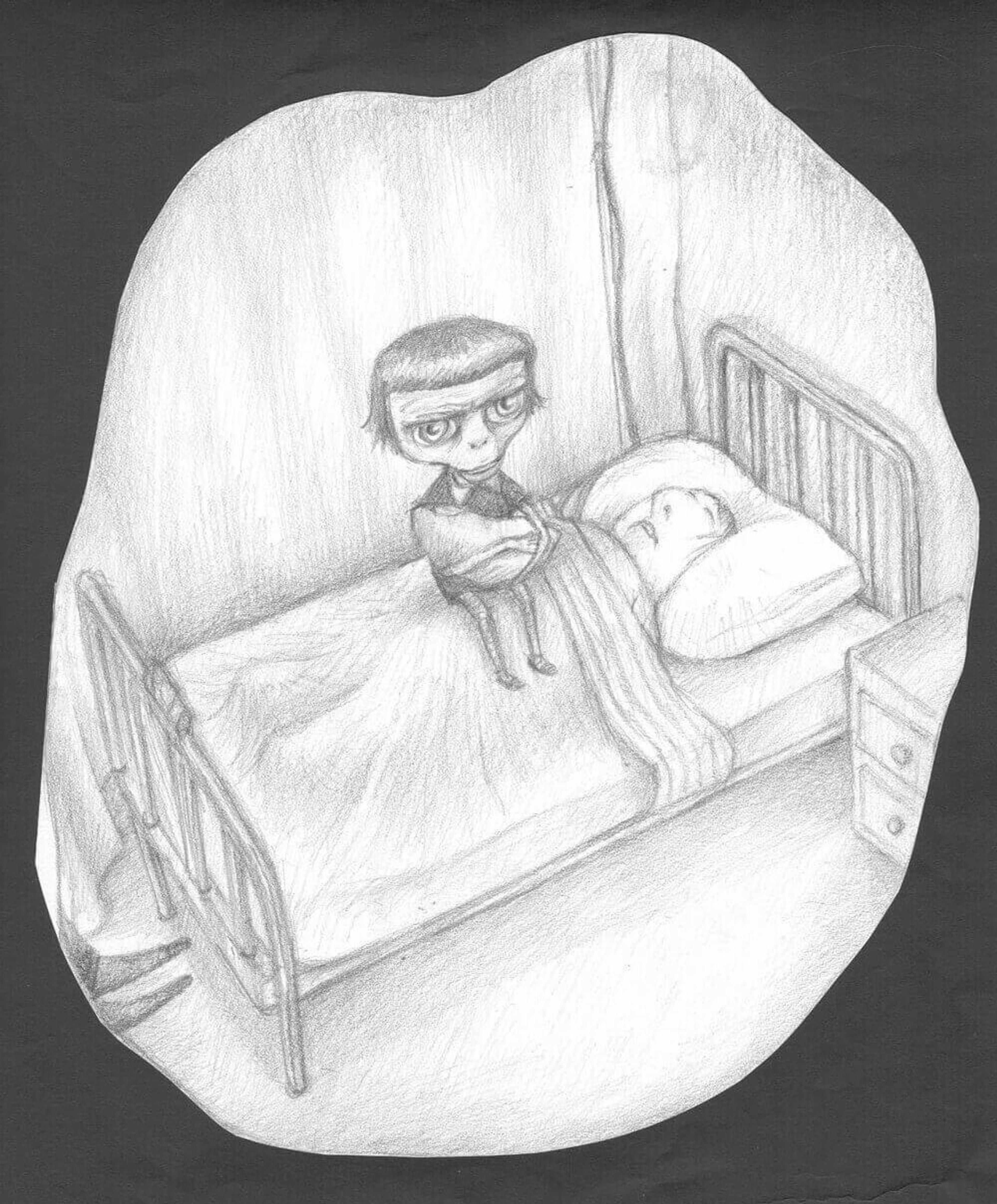 Illustration of a figure seated on a bed on top of someone lying down.