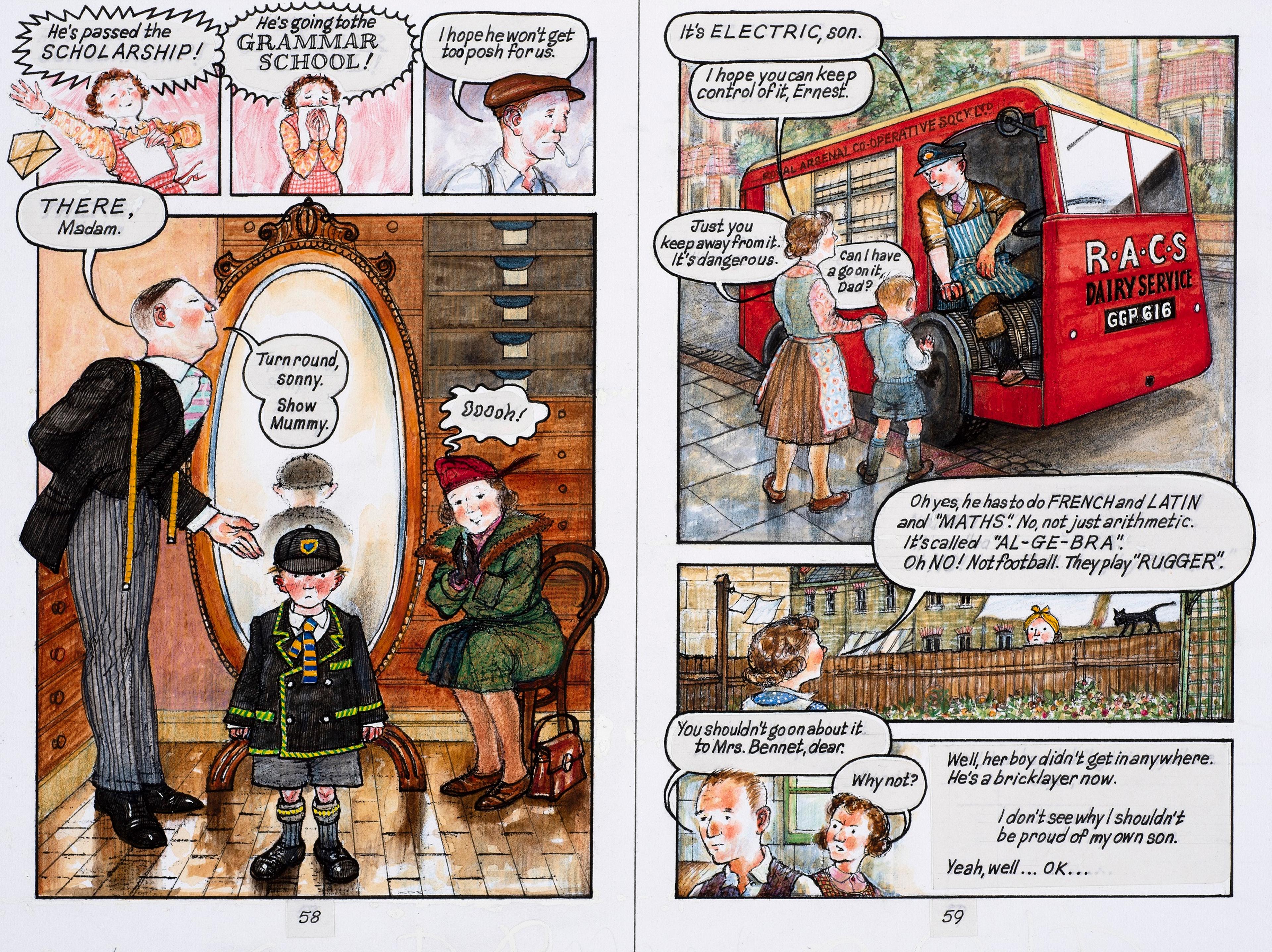 Drawing with 7 panels showing a boy and his parents preparing for grammar school