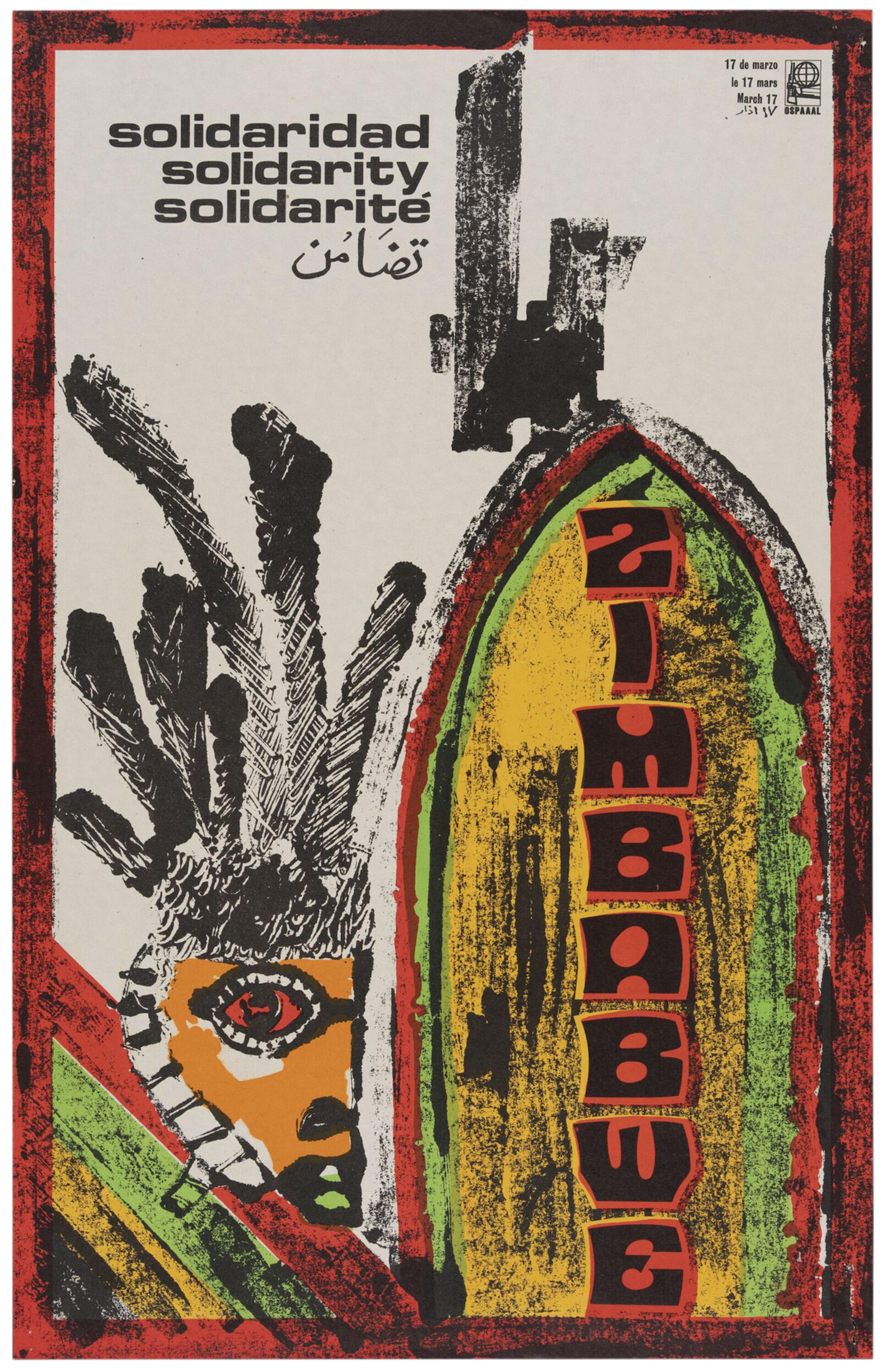 Poster design with textured black brush strokes over red yellow and green showing a face with a headdress looking out between two abstract shapes. The shape on the right has the word 'ZIMBABWE' running vertically down in block-like letters.