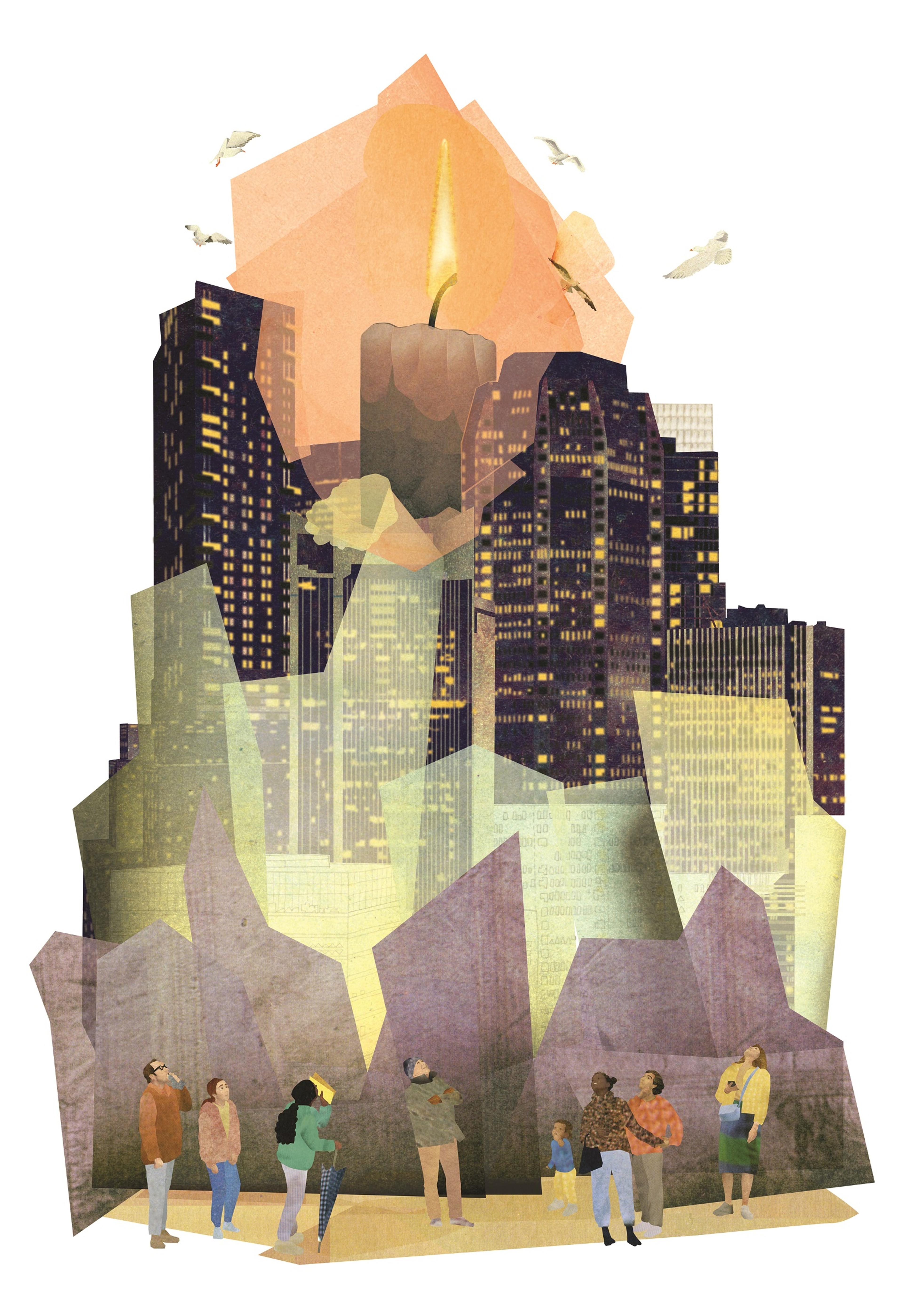Illustration of people looking up at a cityscape with a giant illuminated candle behind