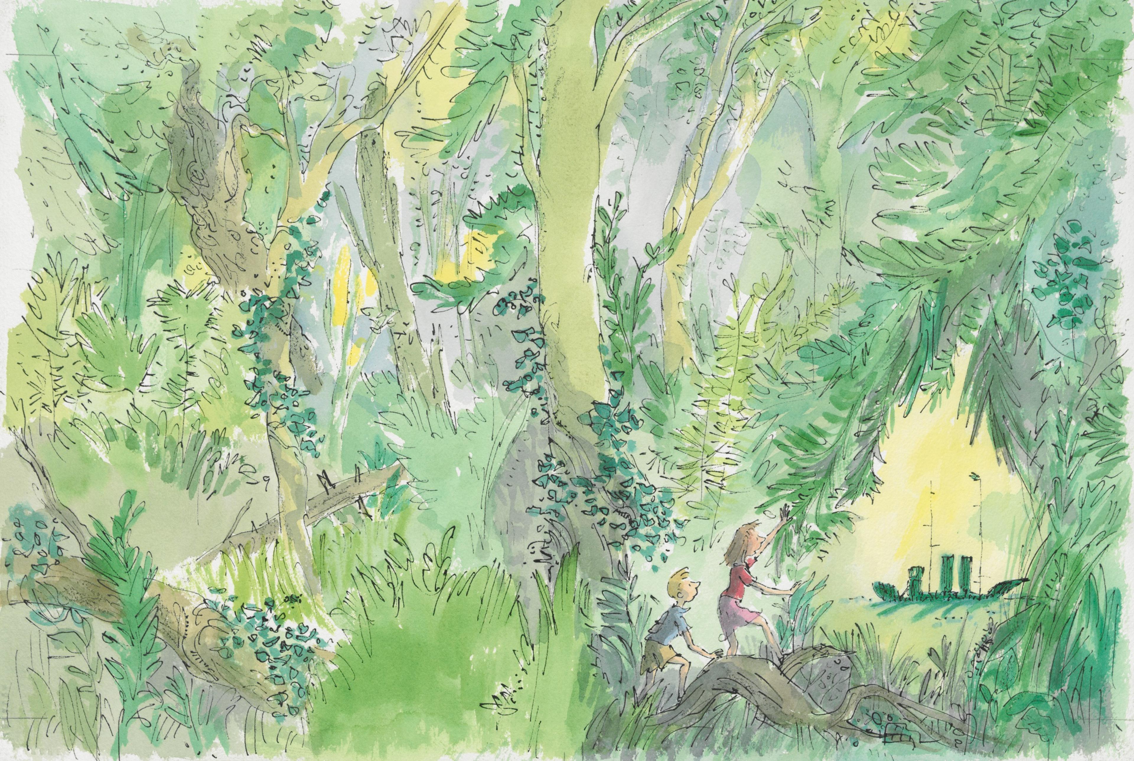 Drawing of two children in a forest looking at a green ship in the distance