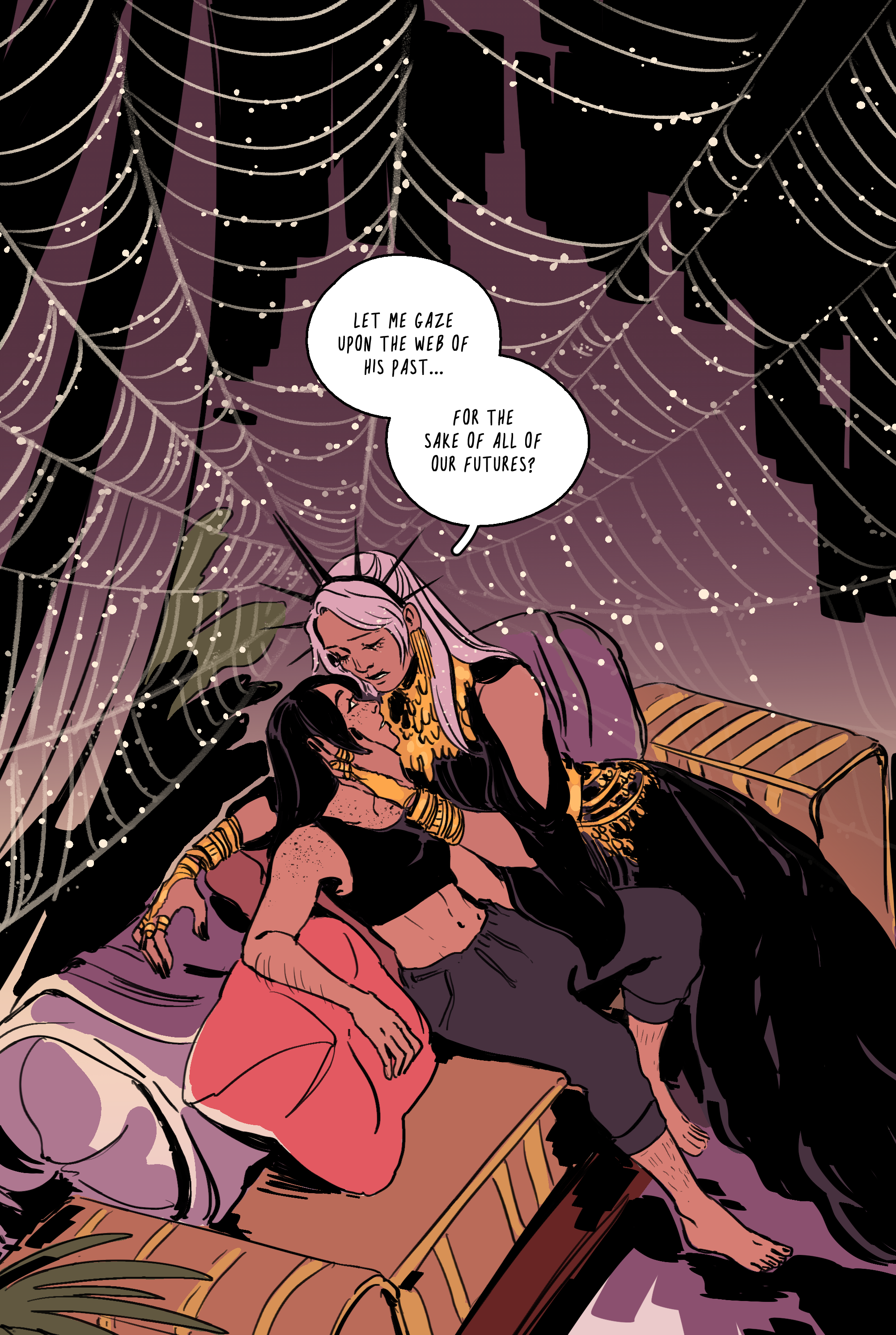 Two female figures embrace each other in a sparkly spiderweb.