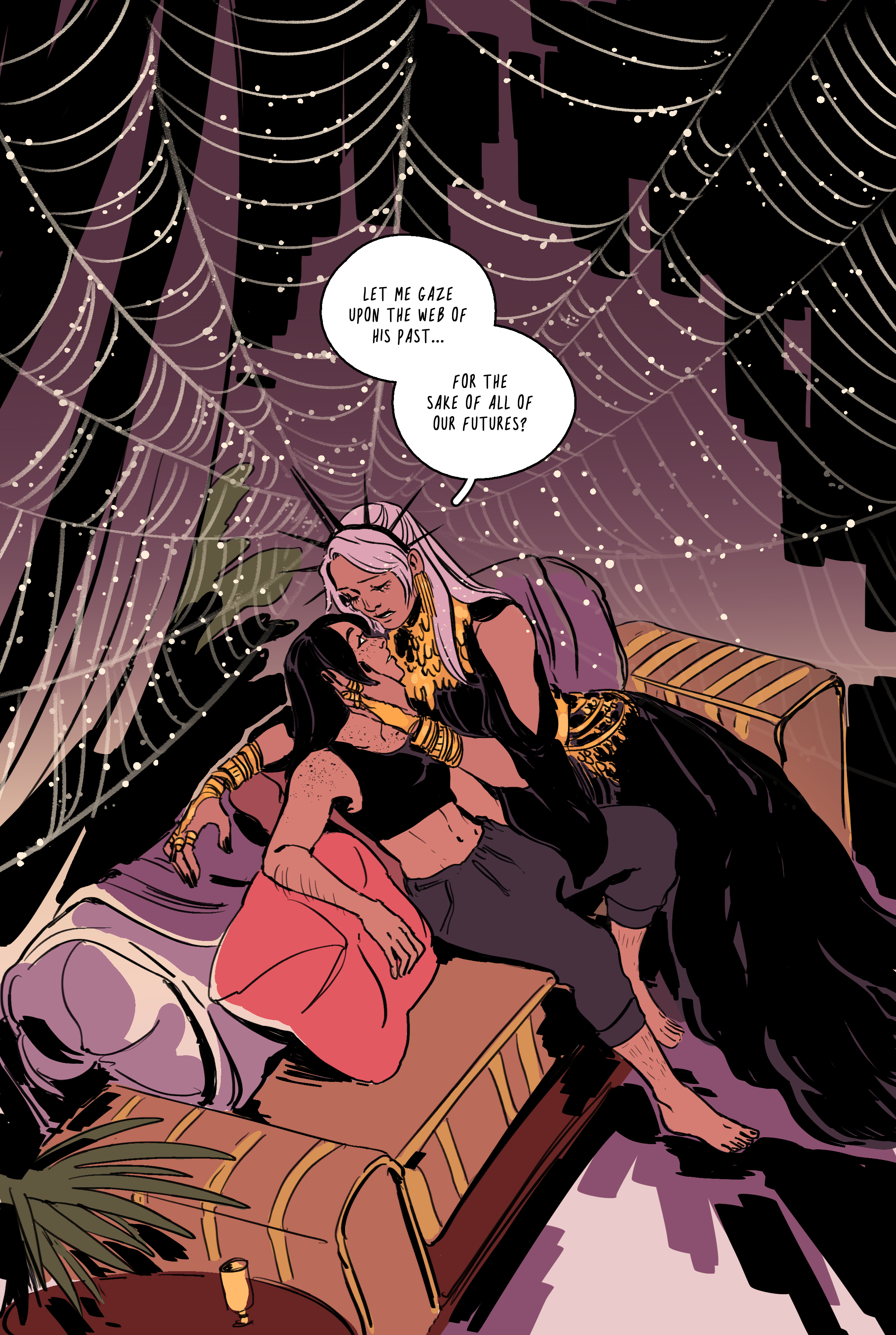 Two female figures embrace each other in a sparkly spiderweb.