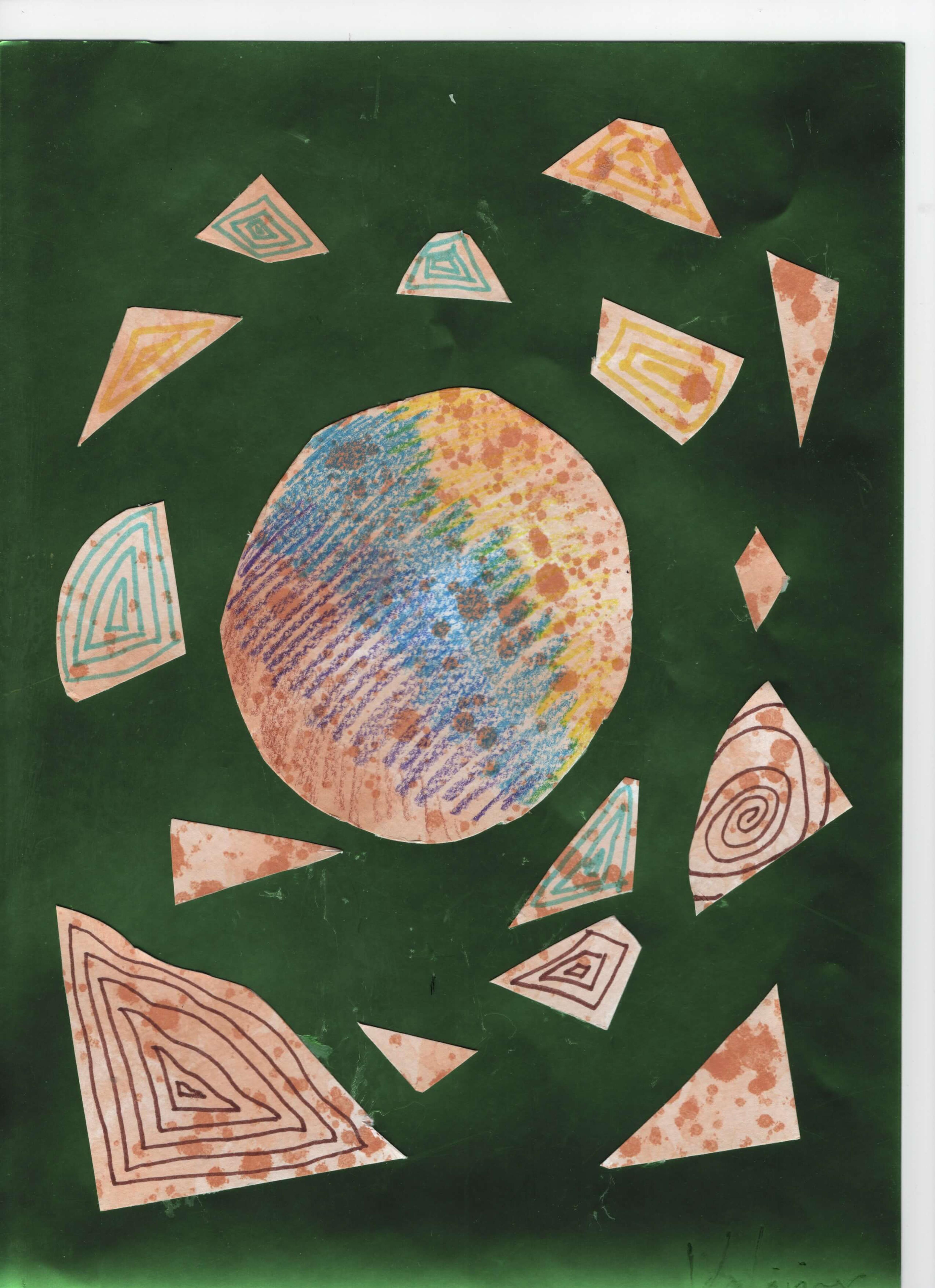 Abstract collage featuring a shaded circle in the center of a dark sheet of paper with triangle pieces surrounding the central shape. 