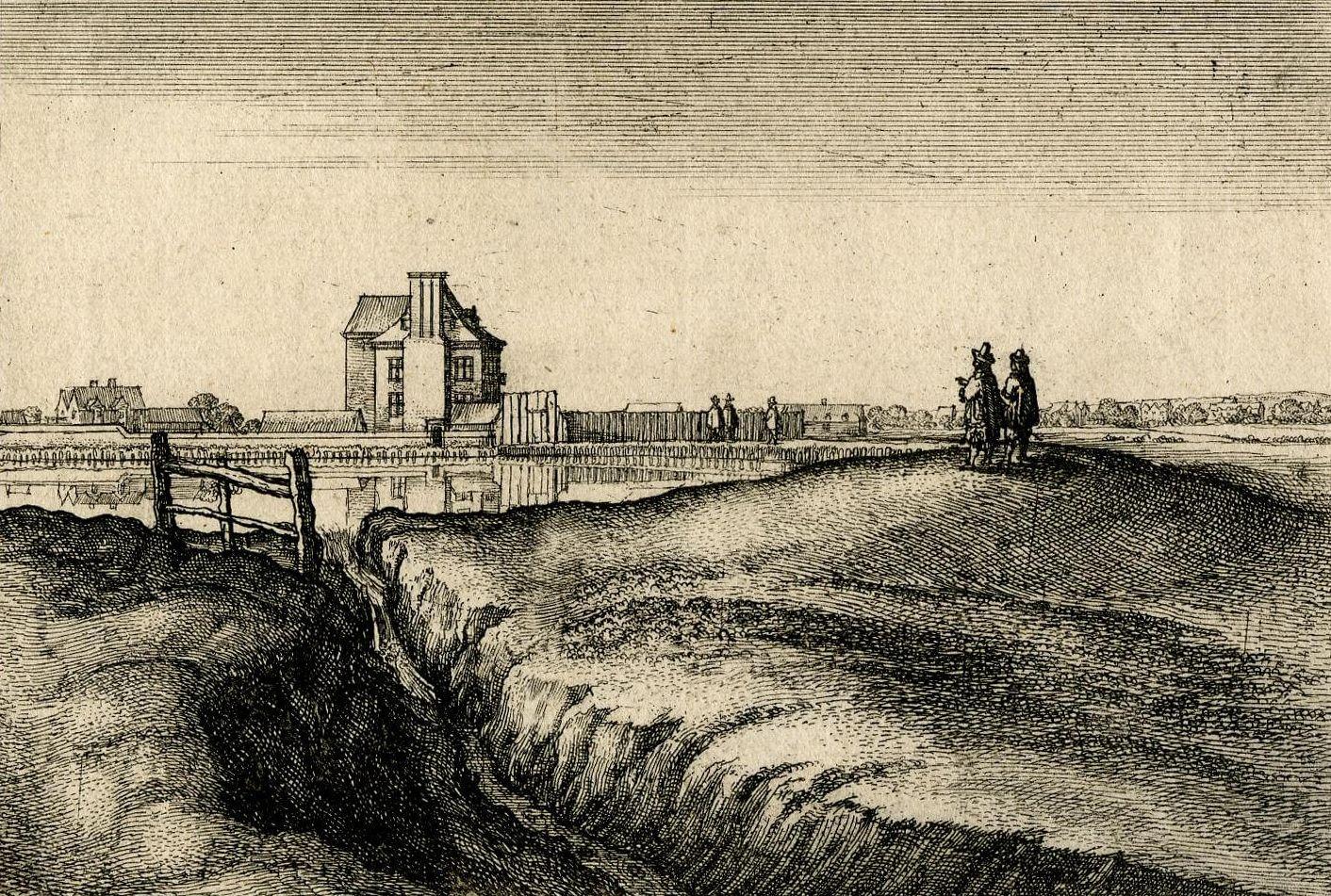 Etching of brick buildings surrounded by a moat with people looking out at the water