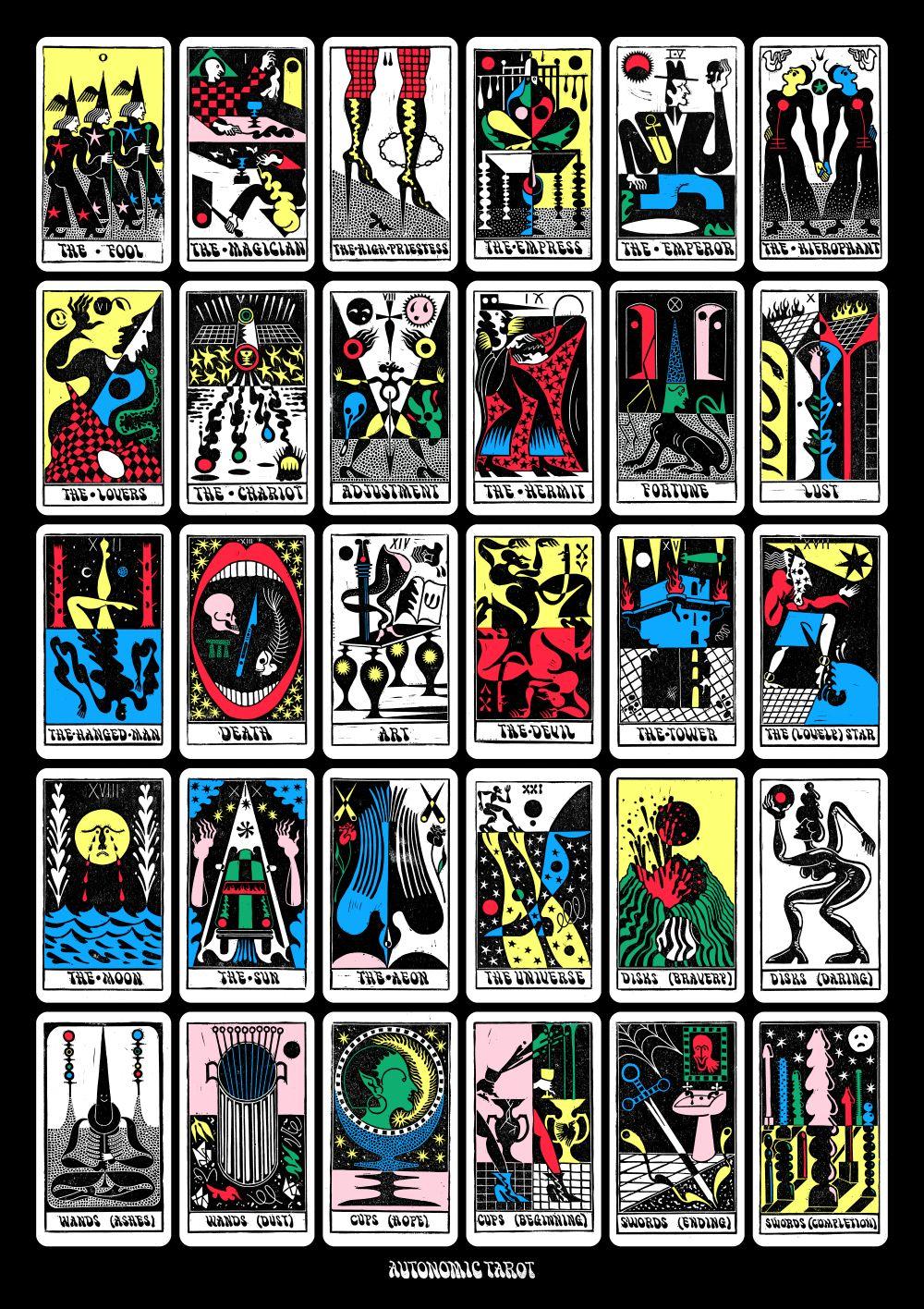 A set of linoprinted tarot cards in bright colours contasted against black backgrounds. They include stylised and expressive folklore inspired figures and symbols.