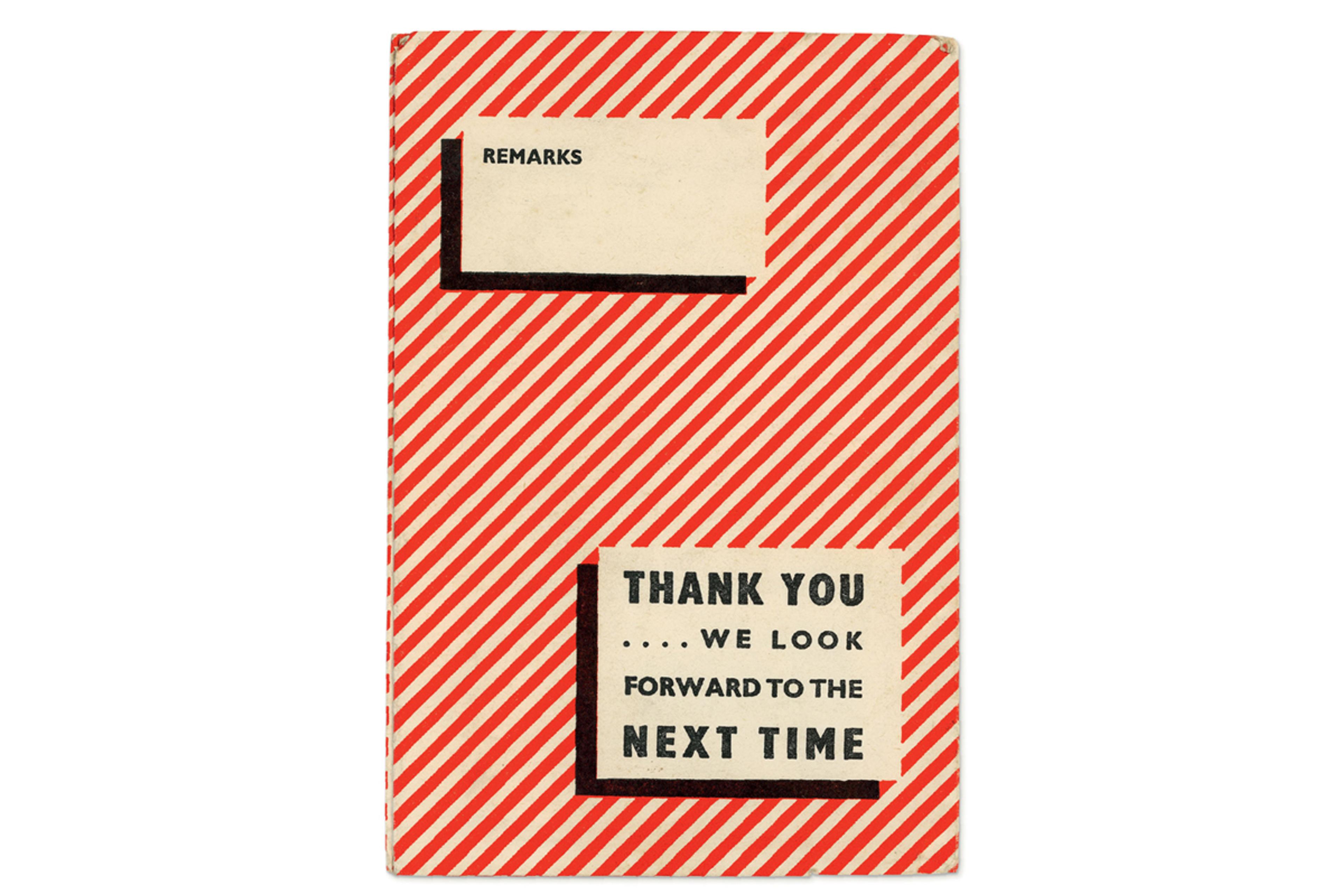 Photograph of a red and white striped photo wallet, with a white square with the text 'Remarks', and a second white square with the text 'Thank you .... we look forward to the next time'. 