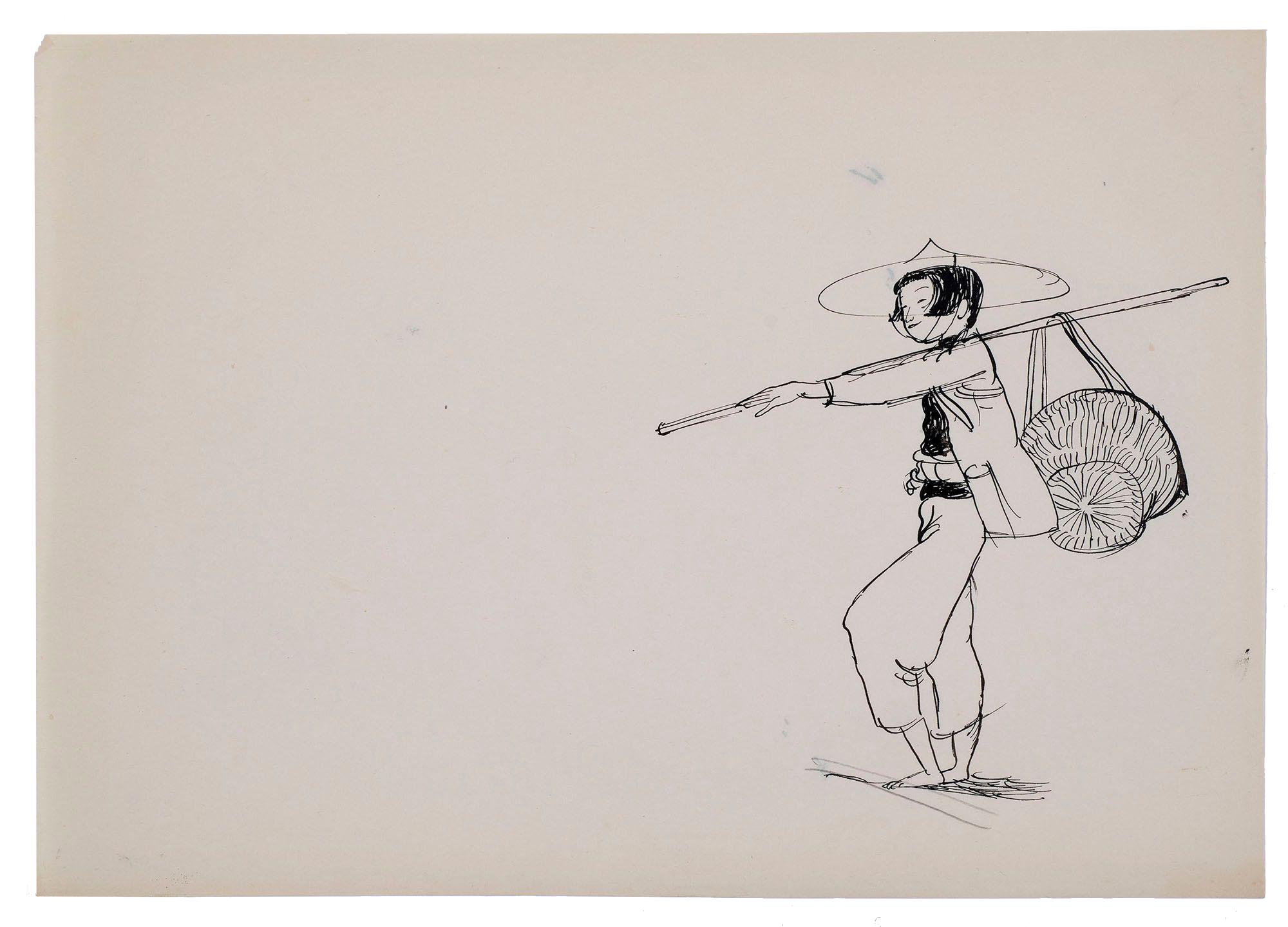 Black ink drawing of market-goer wearing a hat and holding basket on a stick over their shoulder