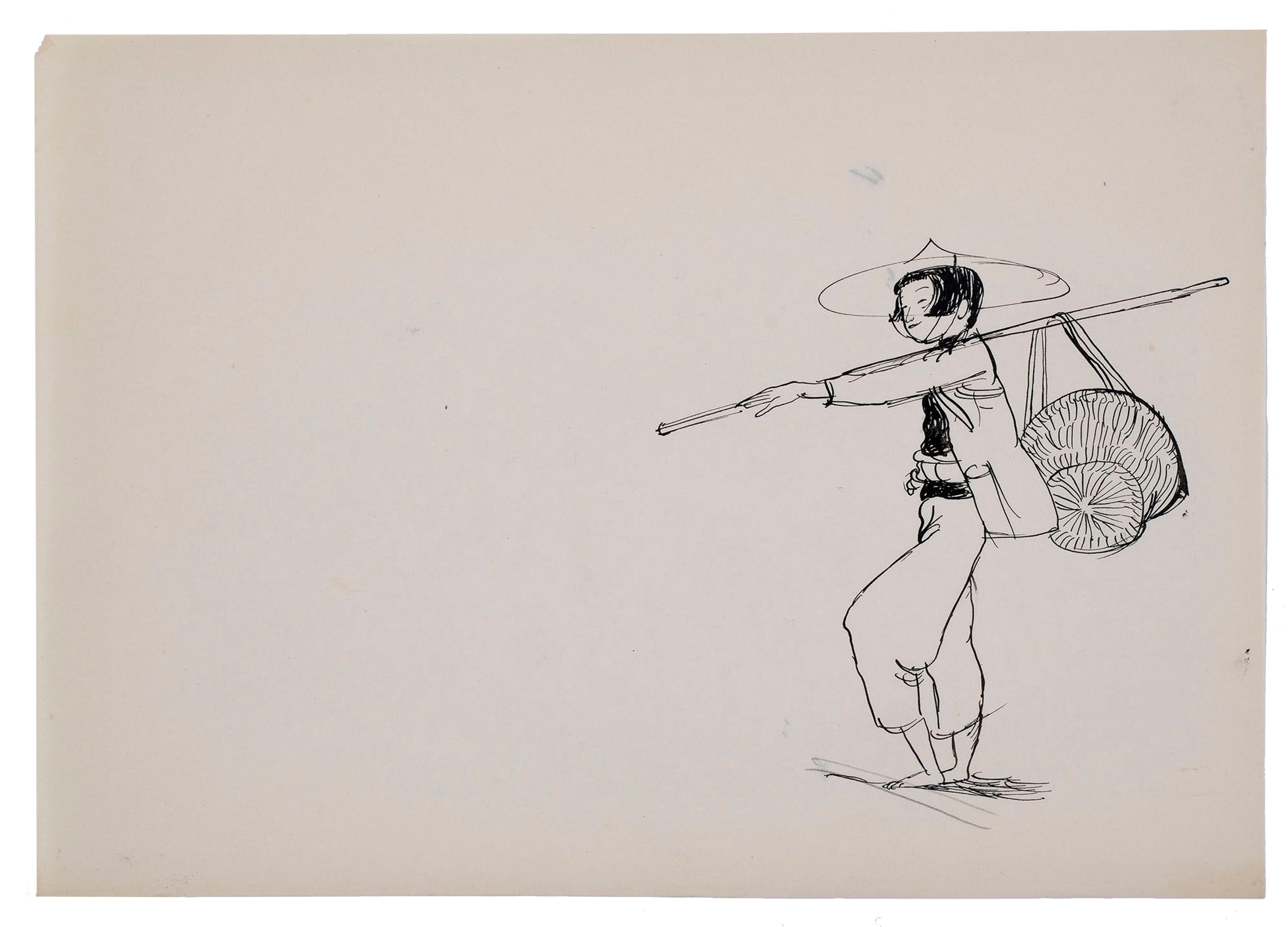 Black ink drawing of market-goer wearing a hat and holding basket on a stick over their shoulder
