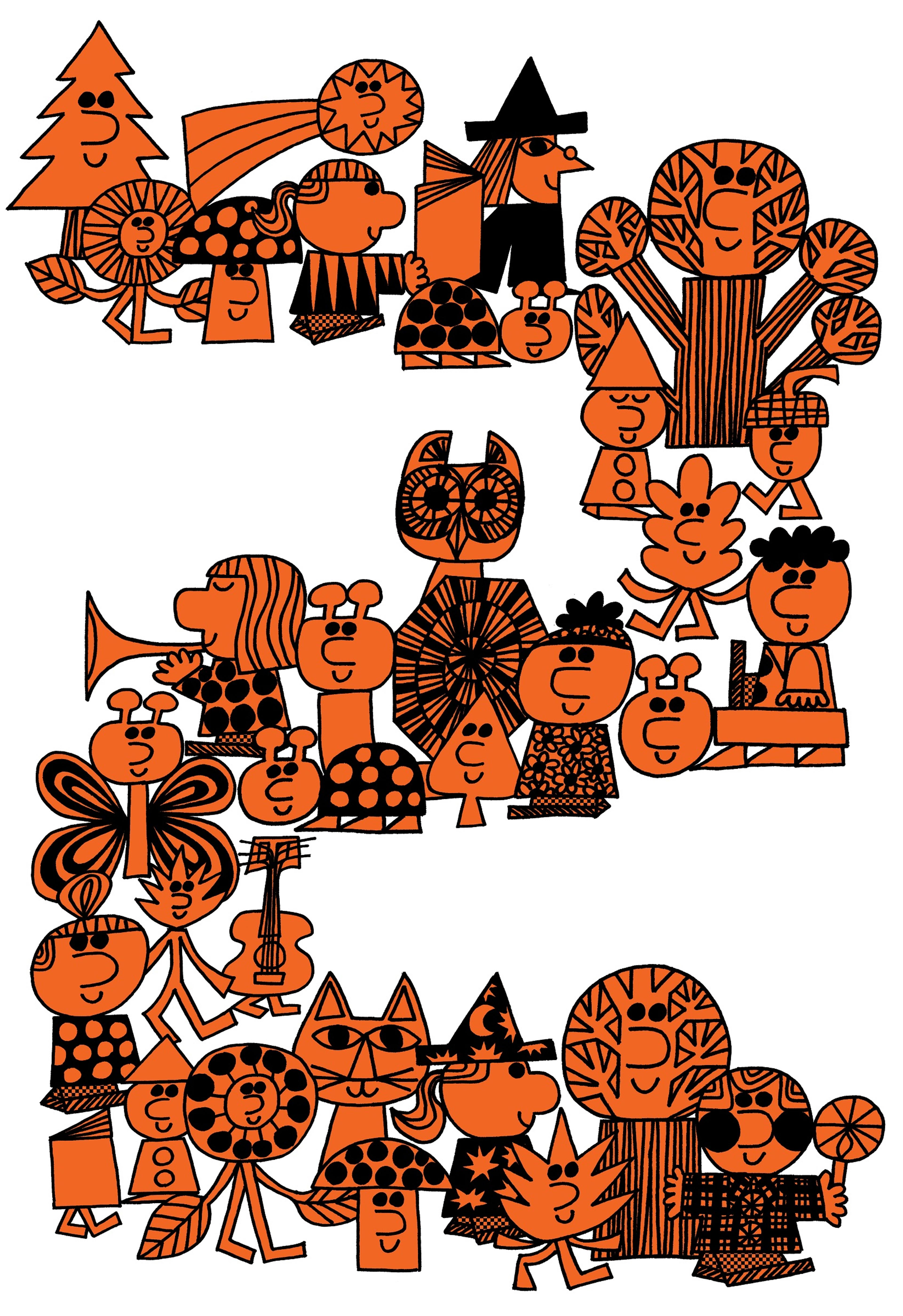 Illustration of a procession of characters including a shooting star, a witch, a tree and an owl