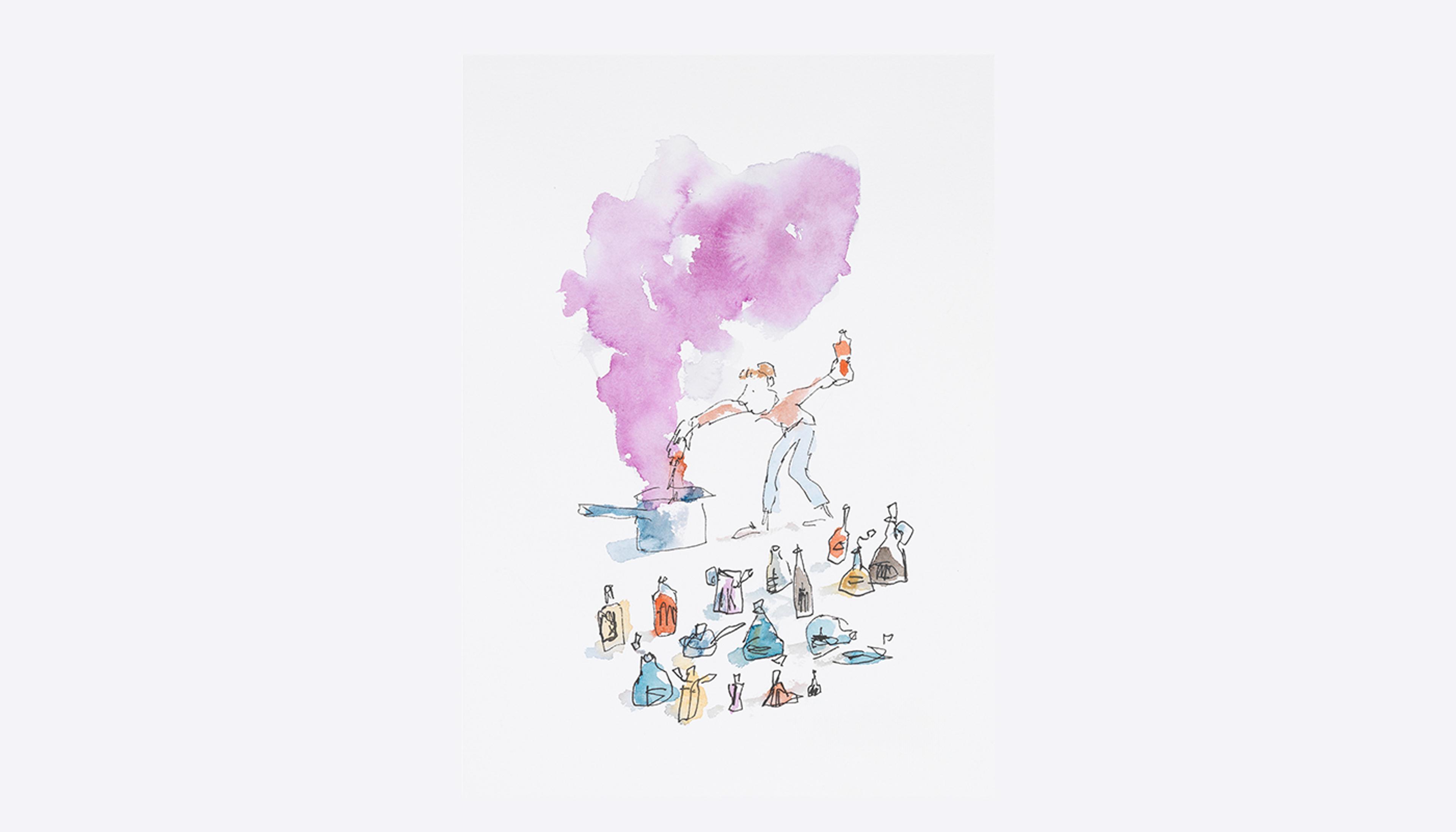 An illustration of a child surrounded by bottles, they are pouring the contents of one of the bottles into a big metal saucepan. Purple smoke is coming out of the pan.