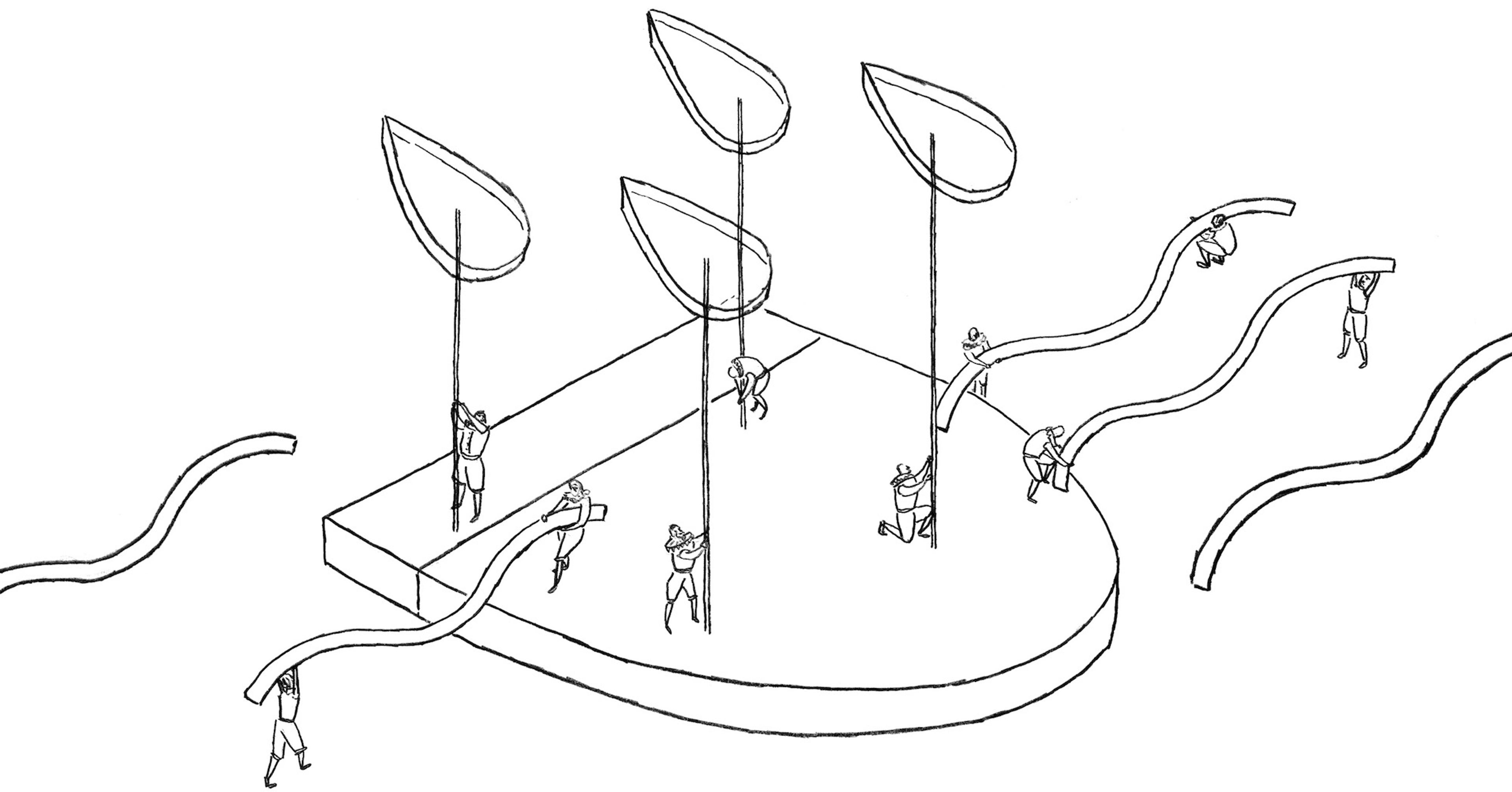 Line drawing showing a large shield-shaped platform with people arranging large decorative elements on top of it, including pear-shaped drops of water