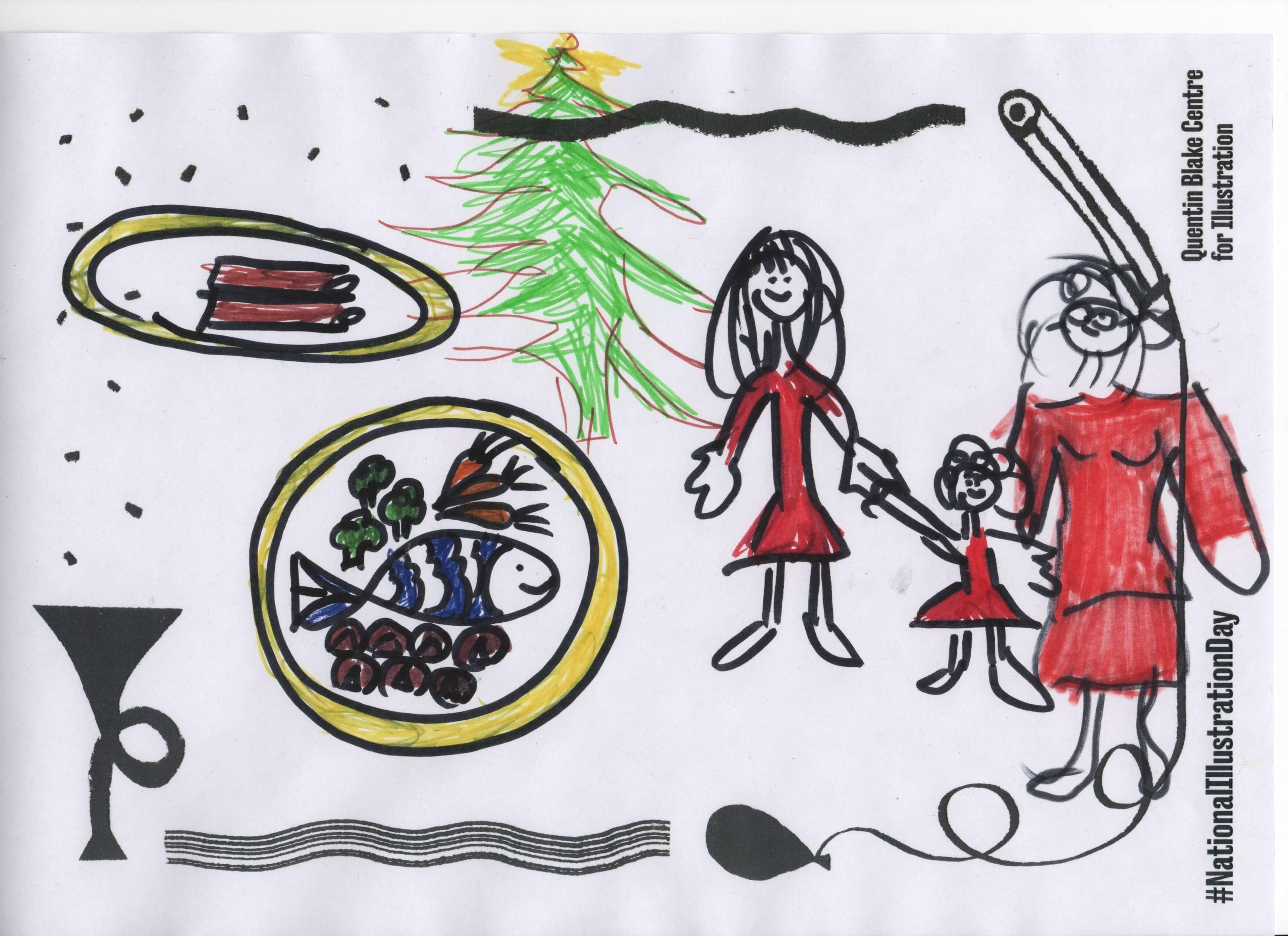 A child's drawing featuring two adults and a child dressed in red standing next to a large plate with food. A Christmas tree is pictured in the background.
