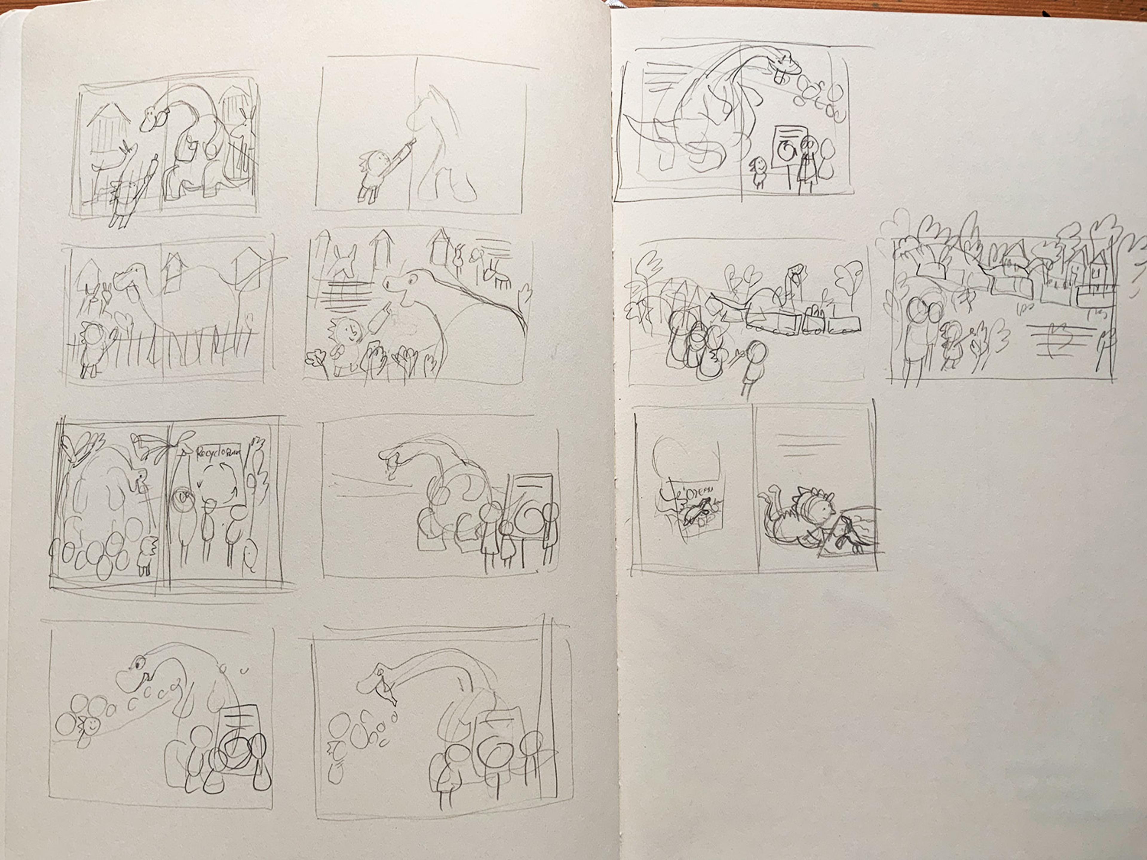 Open book with thumbnails of a storyboard drawn in pencil.