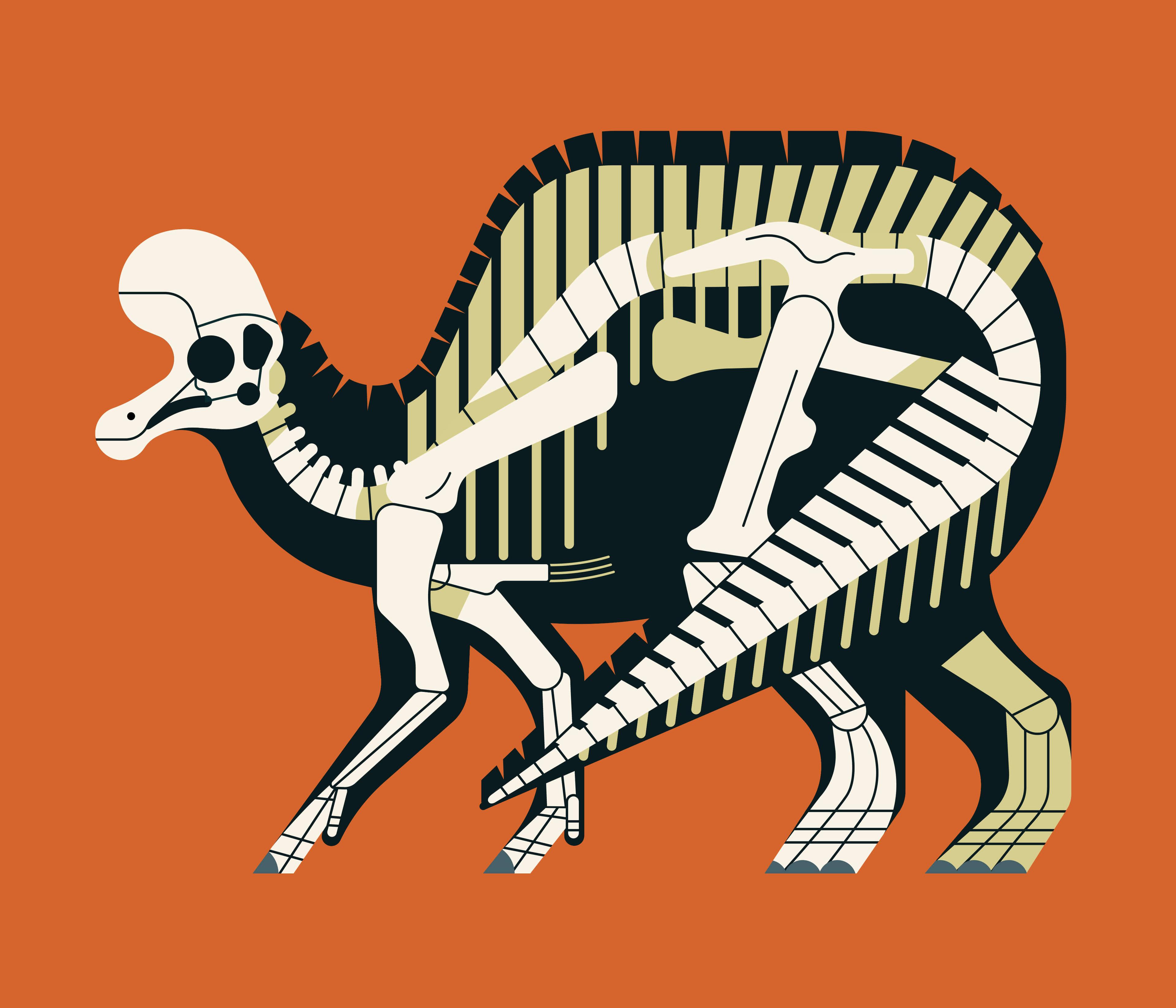 Illustration of an x-ray of a lambeosaurus dinosaur from the side, on an orange background.