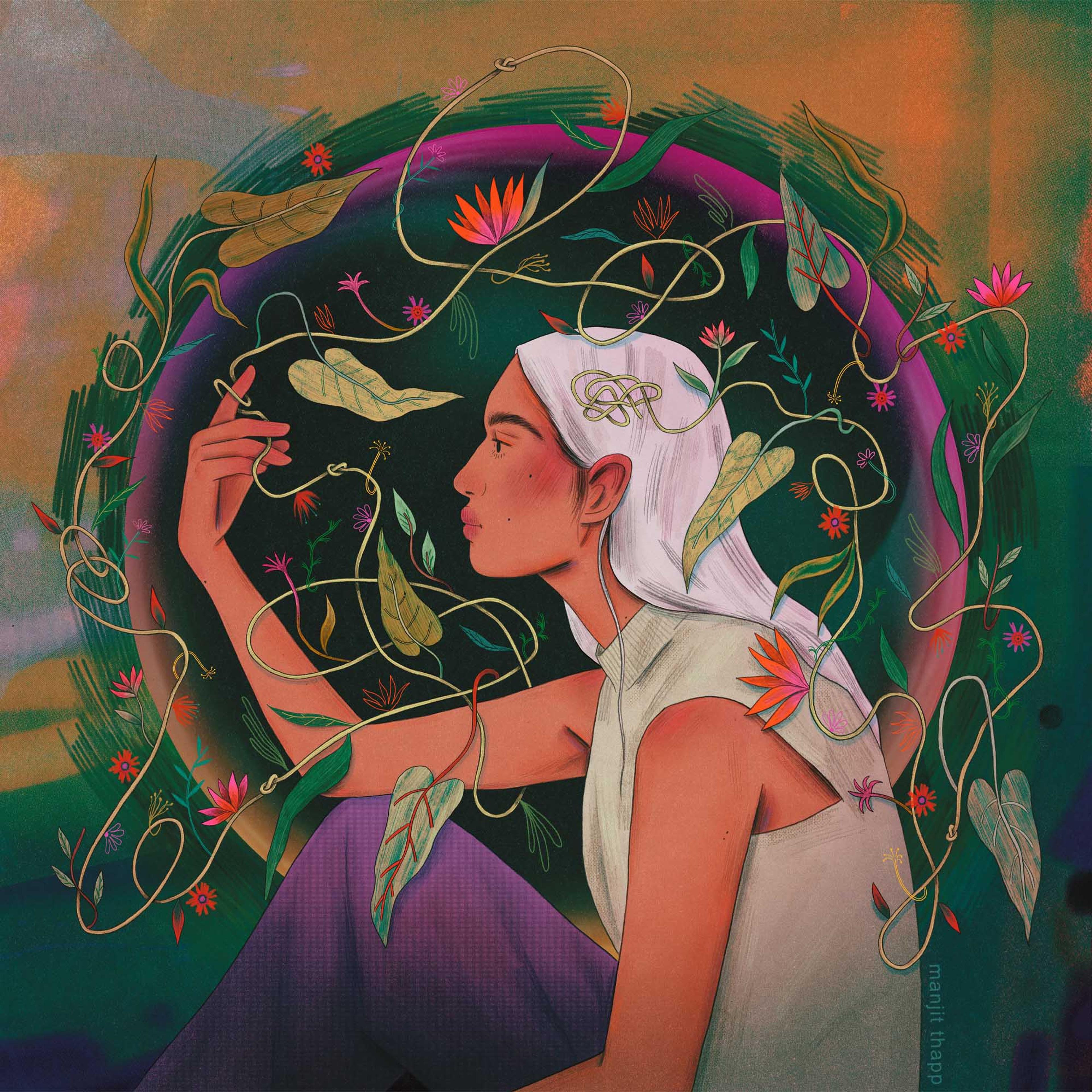 An illustration of a person, side on, sitting with one leg in view bent up towards their body, they are holding with their right hand, some vines that surround them in a circle, along with an orb of purples and greens. The person is wearing a white scarf to cover their head and hair, and a white sleeveless top, their leg is covered with purple fabric.