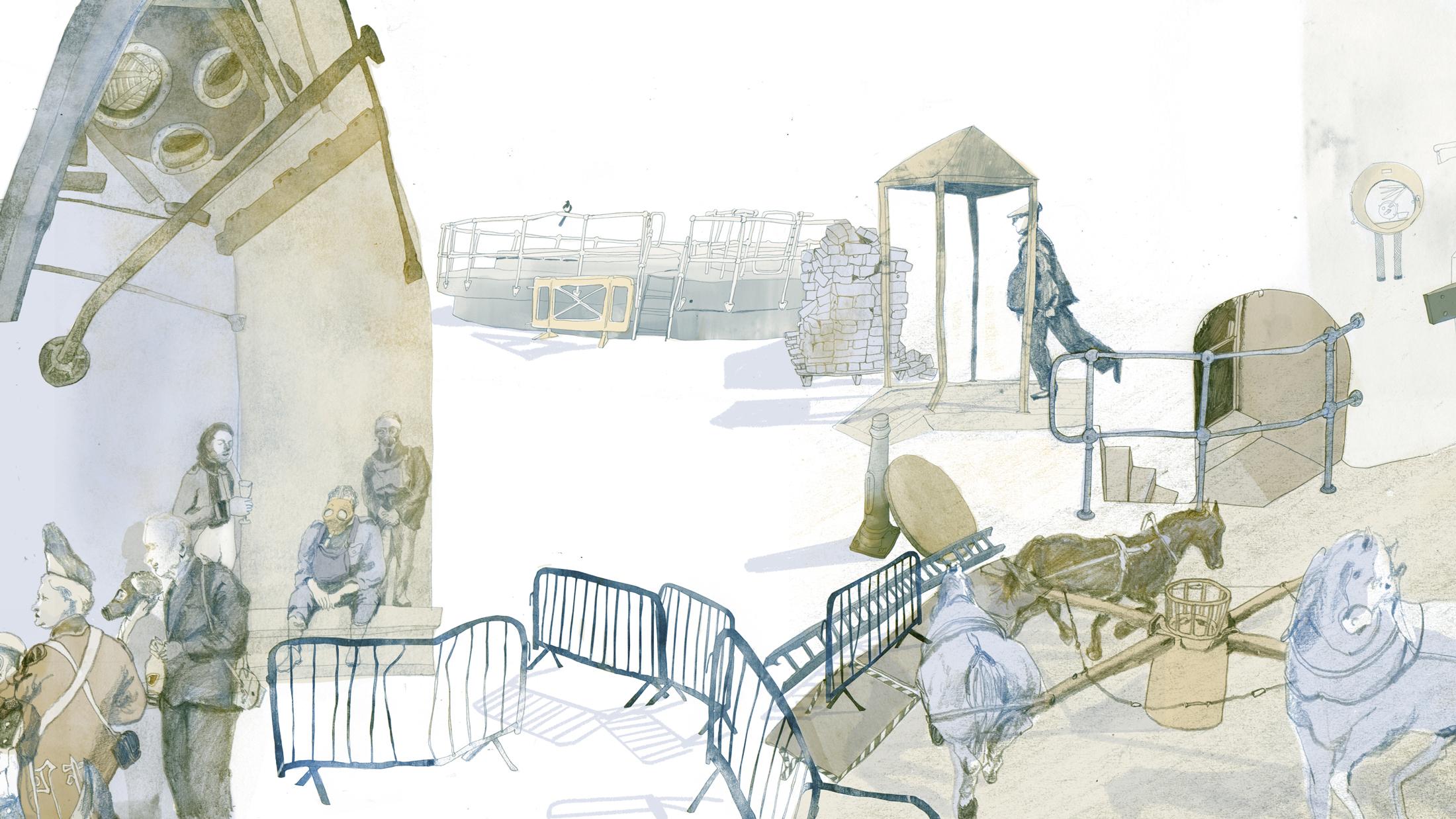 Illustration of industrial interior and yard with people wearing clothes from different eras and working horses