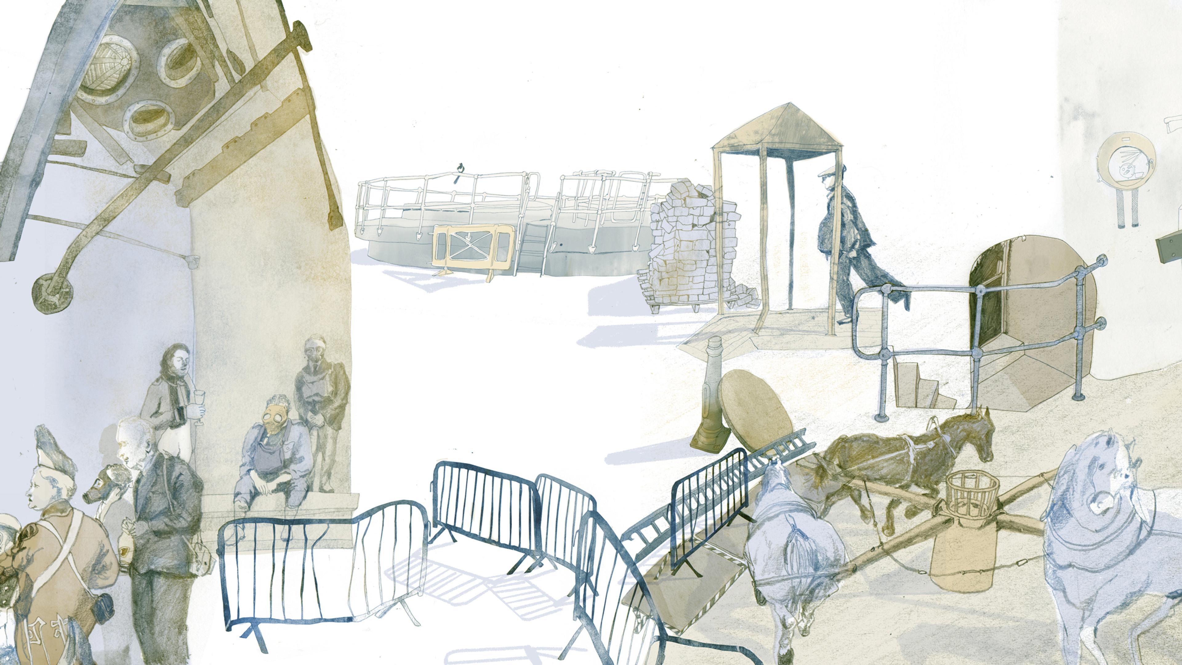 Illustration of abandoned industrial site overlaid with people wearing clothes from different eras and working horses