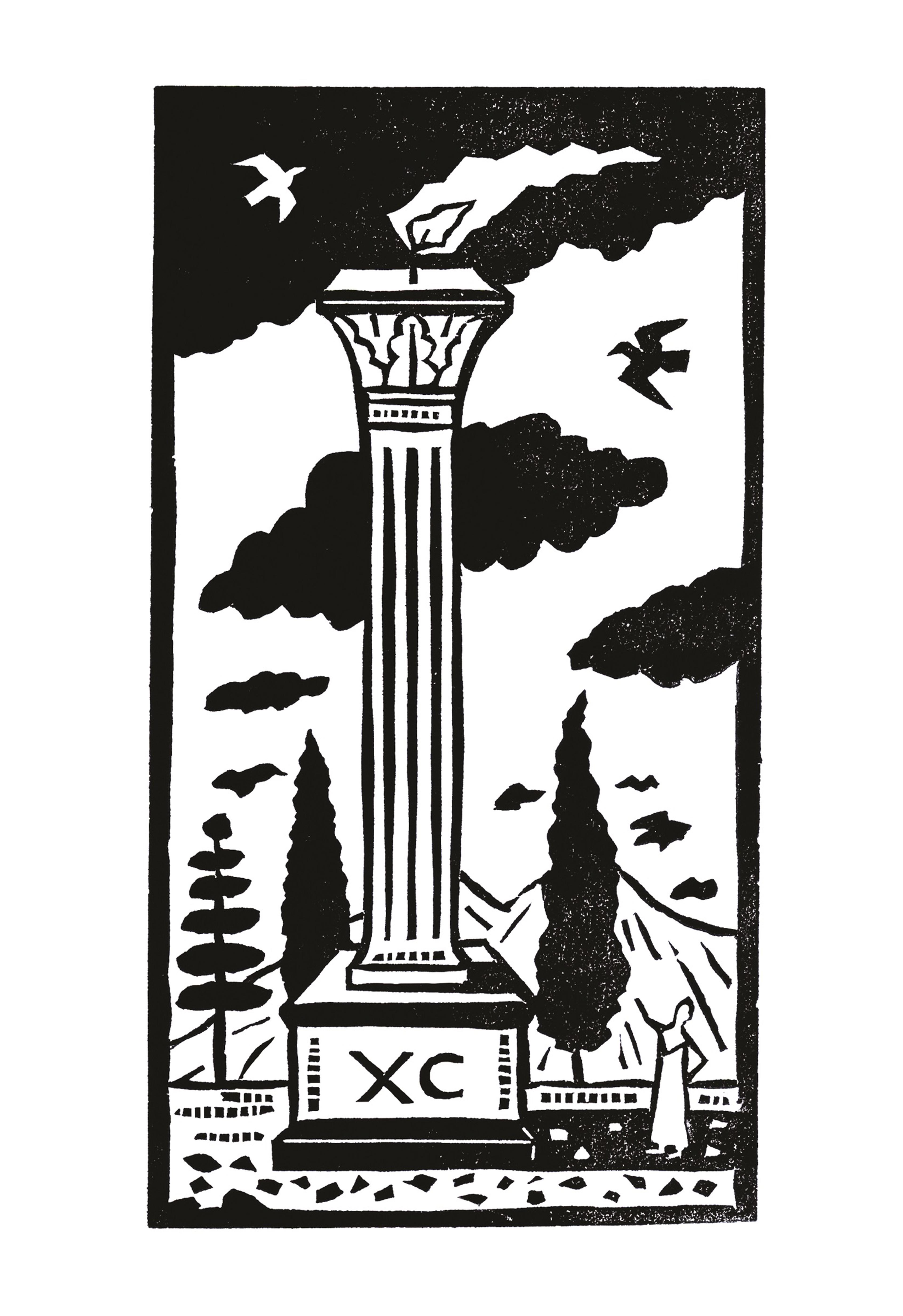 Woodcut illustration of a tall column with a candle wick on top