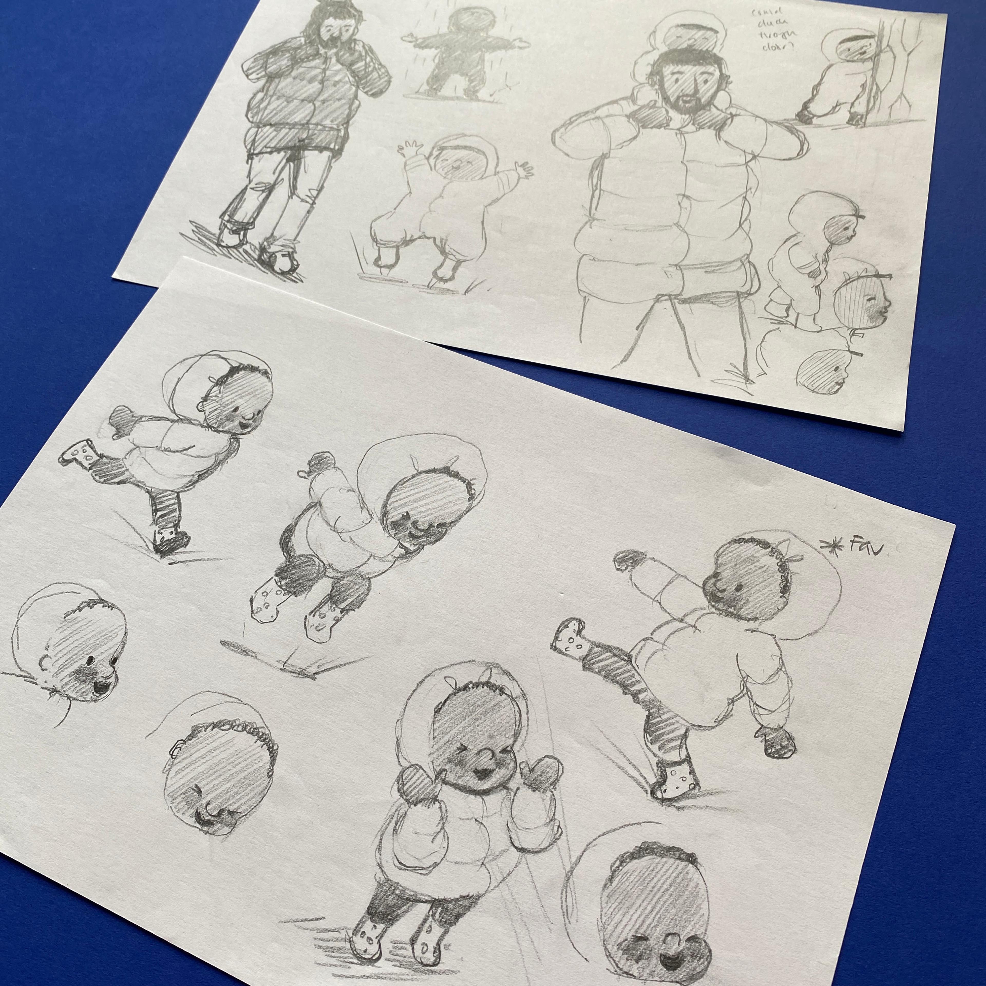 Two sheets of paper with pencil illustrations of work in progress drawings.