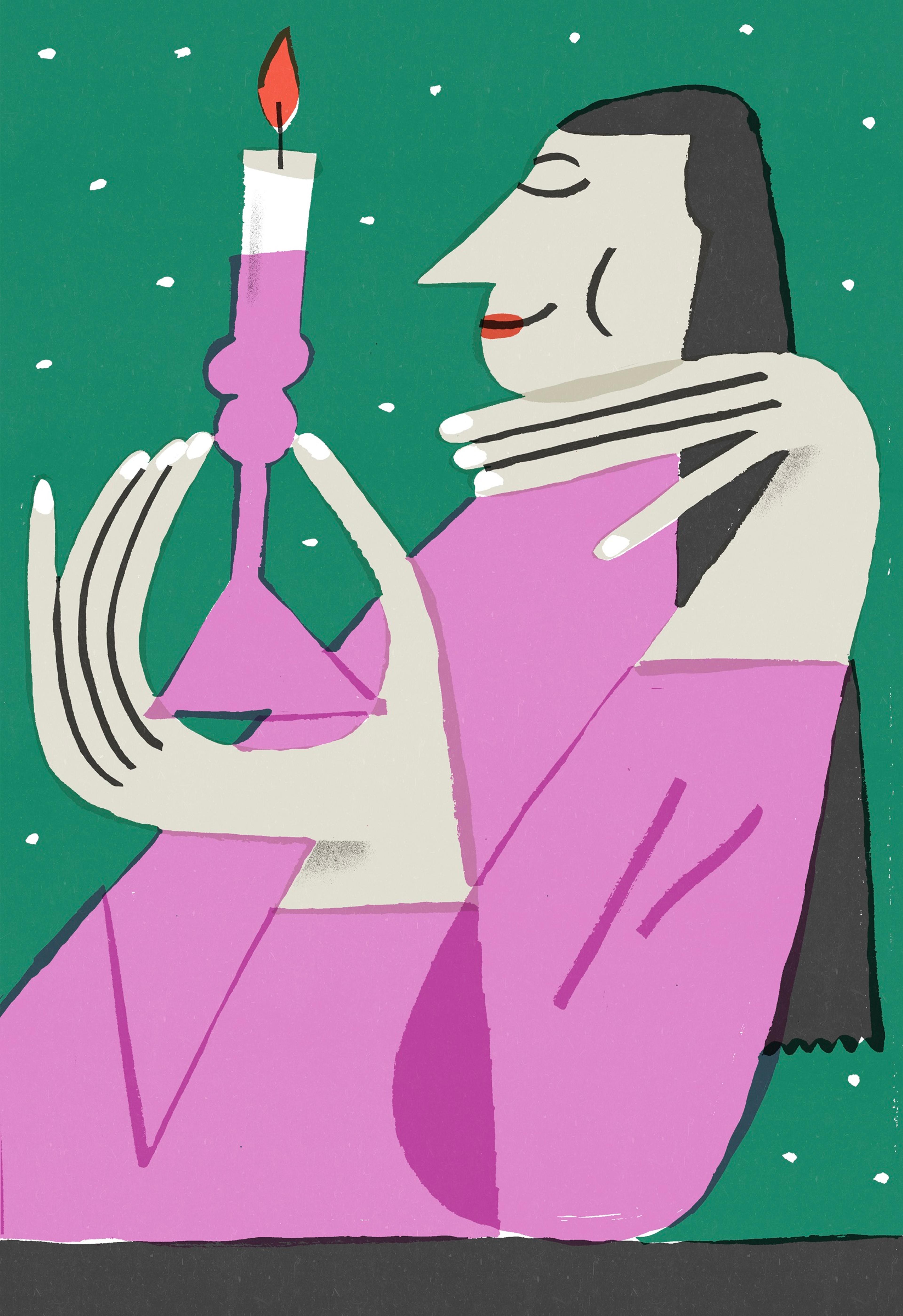 Illustration of a person in a pink top holding a candle against a spotted green background