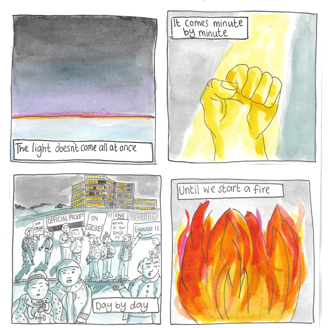 Comic panels showing a calm scene, a hand showered in light, people striking, the visible text reads 'the light doesn't come all at once [...] until we start a fire'.