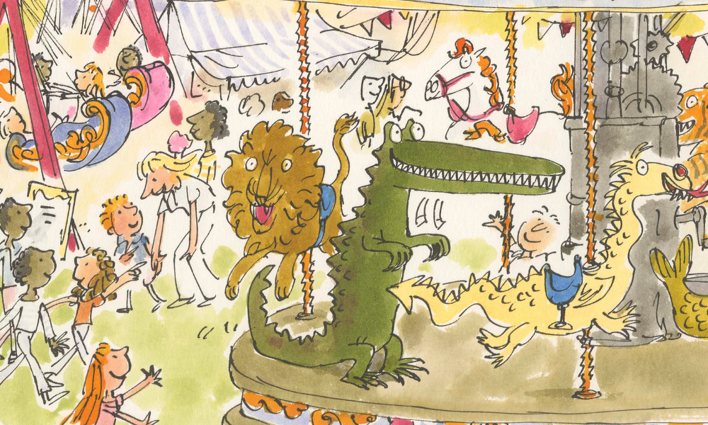 Illustration of a lively carousel with whimsical animals like a lion and crocodile. People cheer around, capturing a playful, festive atmosphere.