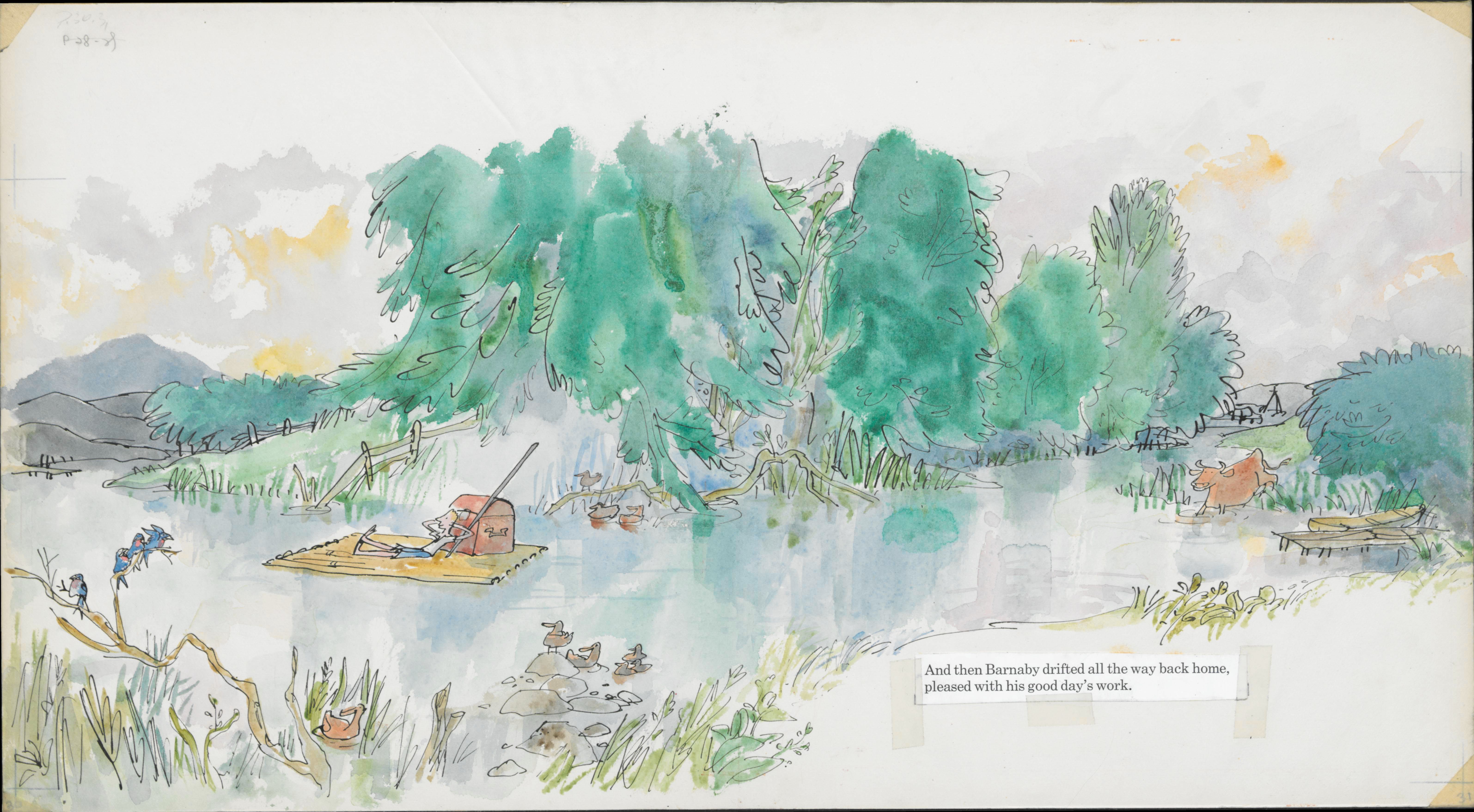 Illustration of a river with greenery on its banks and a person lying on a floating raft and the words 'And then Barnaby drifted all the way back home, pleased with his good day's work'