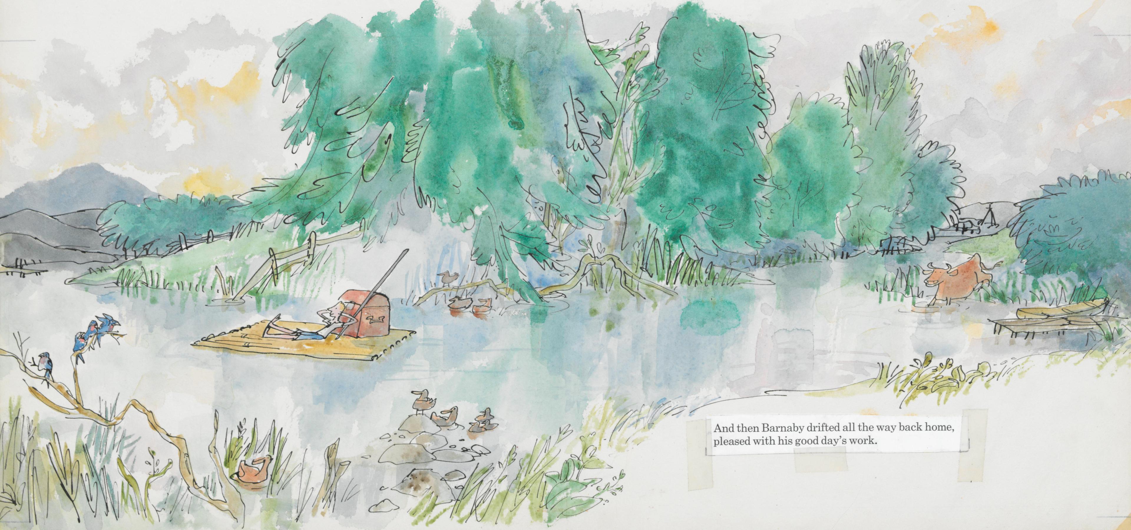 Illustration of a river with greenery on its banks and a person lying on a floating raft and the words 'And then Barnaby drifted all the way back home, pleased with his good day's work'