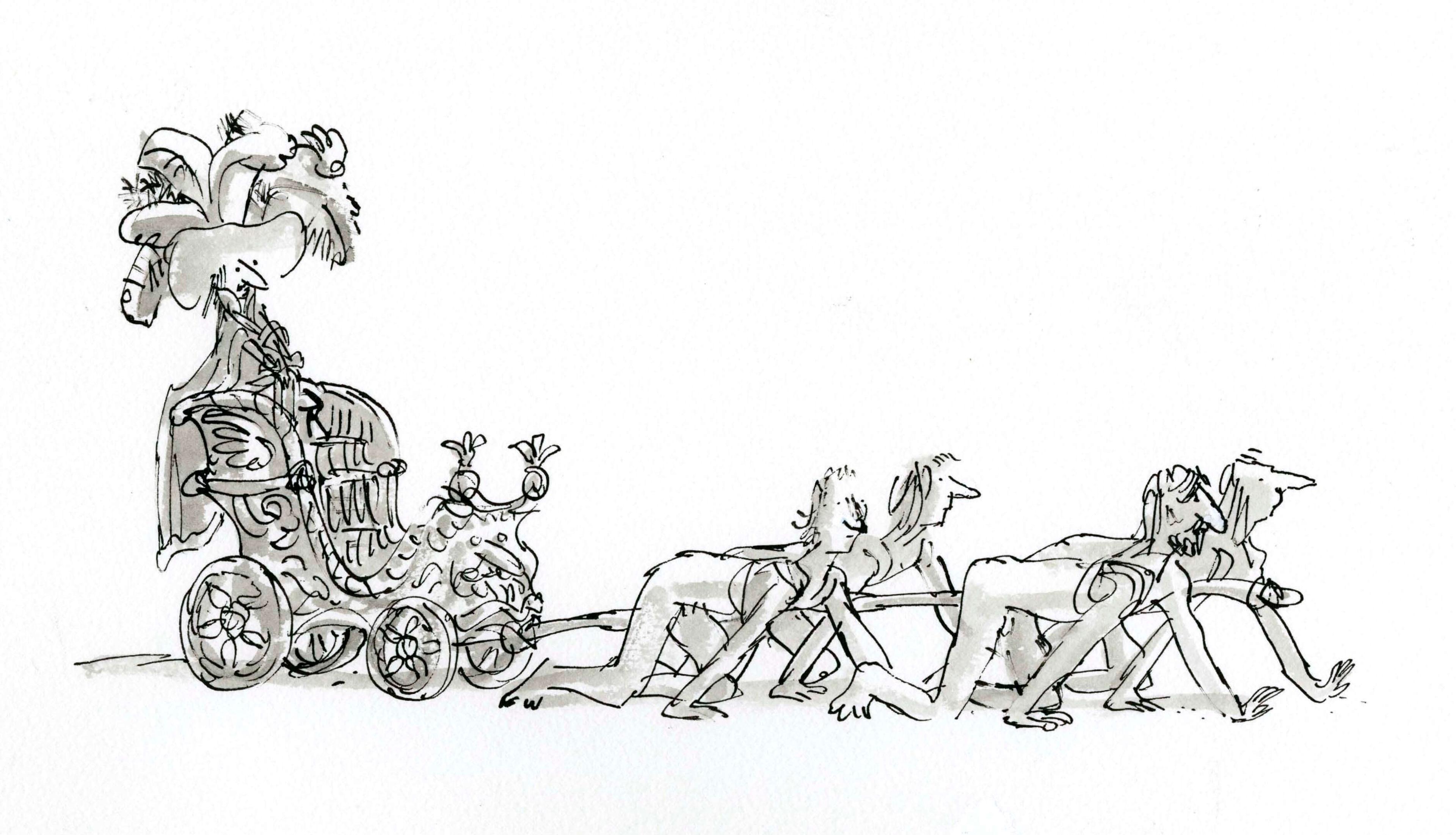 Drawing of men on their fours dragging a chariot with a man wearing a flamboyant hat