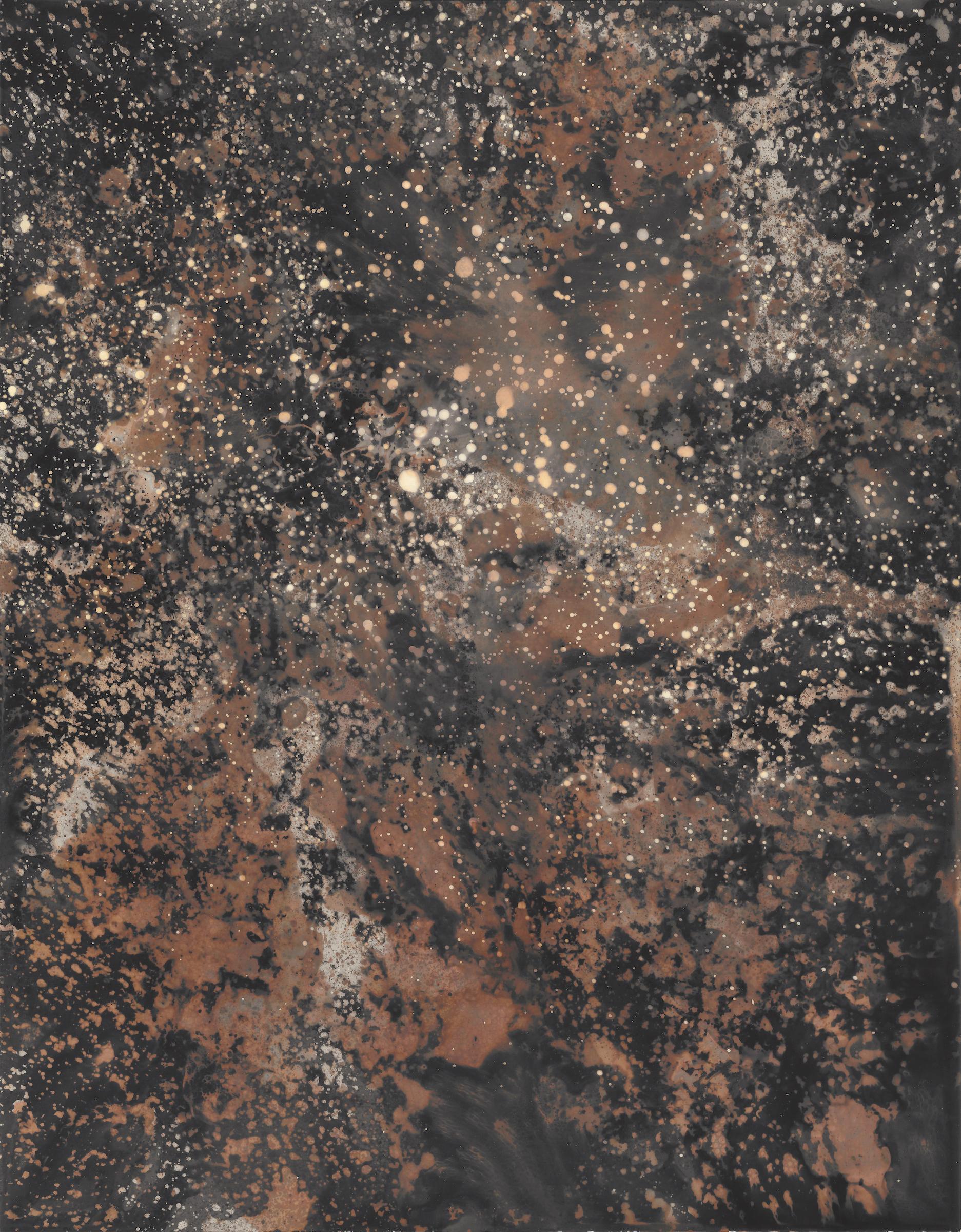 Abstract print with dark and light contrasting elements made by bubbling liquids and drips